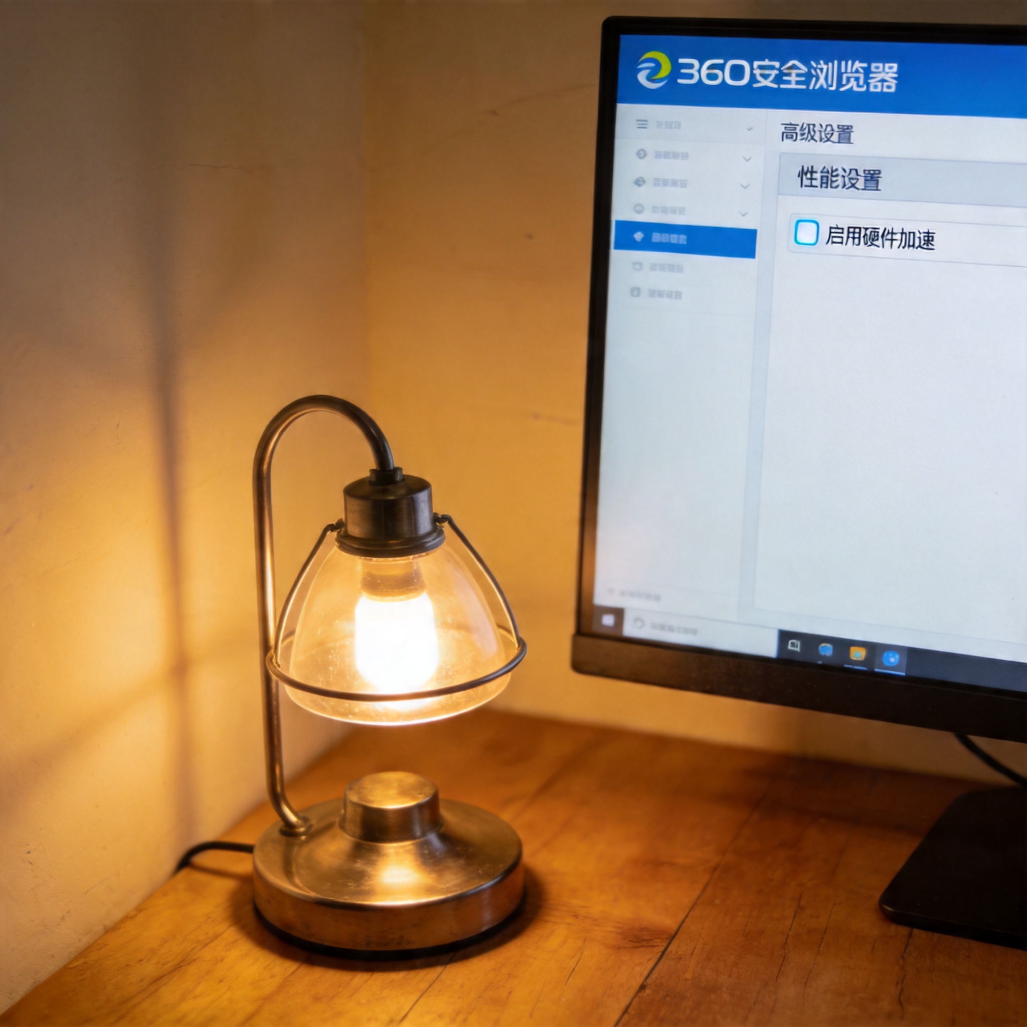 电脑屏幕显示360安全浏览器的高级设置页面，性能设置里的启用硬件加速选项已勾选，桌面角落有台金属台灯，开着暖光