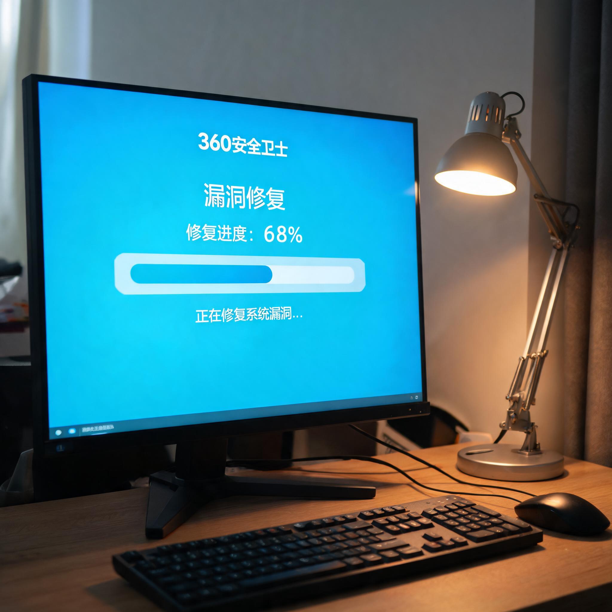 电脑桌上的电脑，屏幕显示360 卫士漏洞修复功能进度条，旁边放着台灯