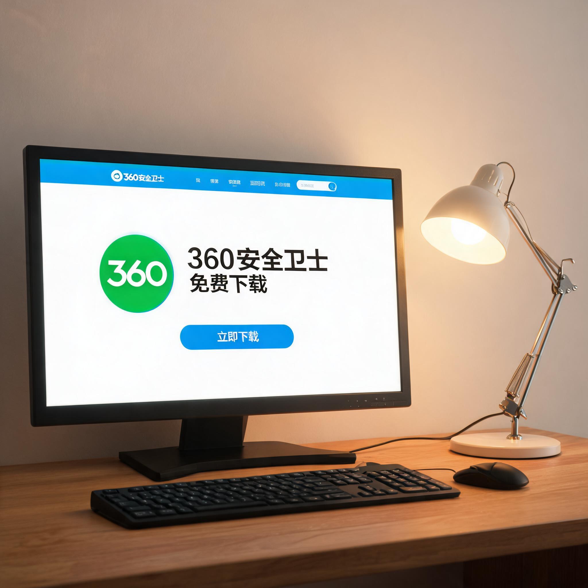 电脑桌上的电脑，屏幕显示360 安全卫士免费下载界面，旁边放着台灯