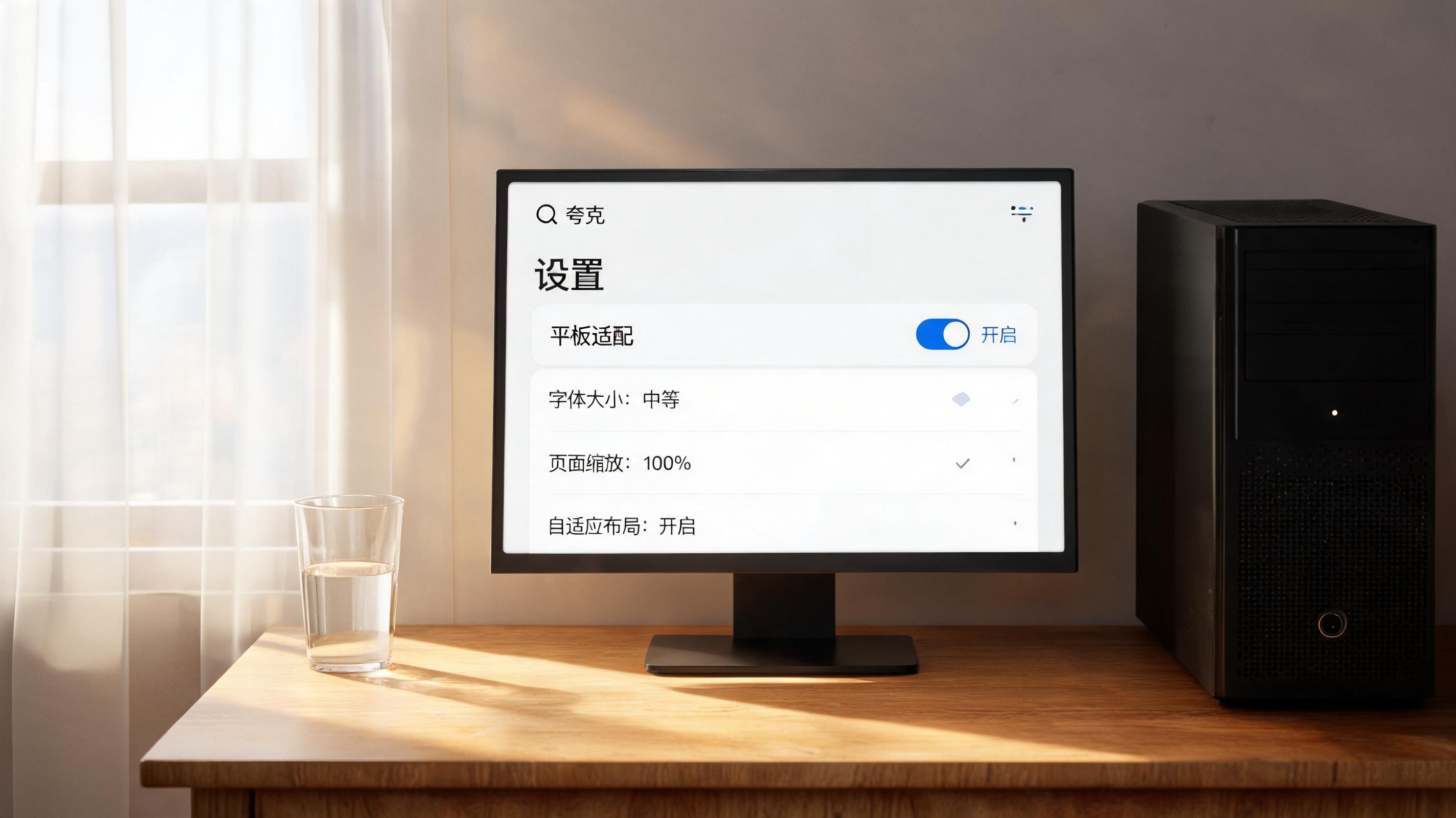 书桌上的主机，屏幕显示夸克浏览器平板适配版设置界面，桌角放着水杯，自然光