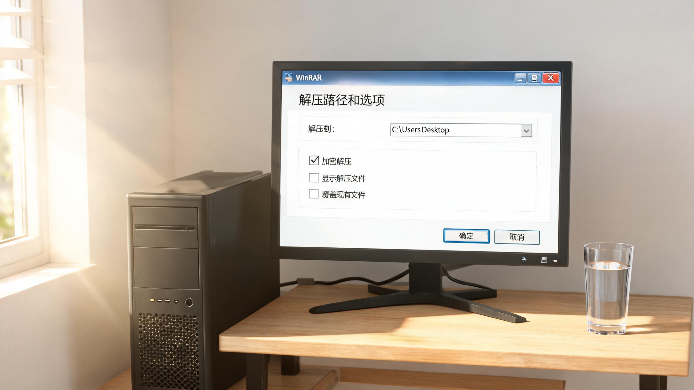 书桌上的主机，屏幕显示winrar 加密压缩文件解压设置界面，桌角放着水杯，自然光