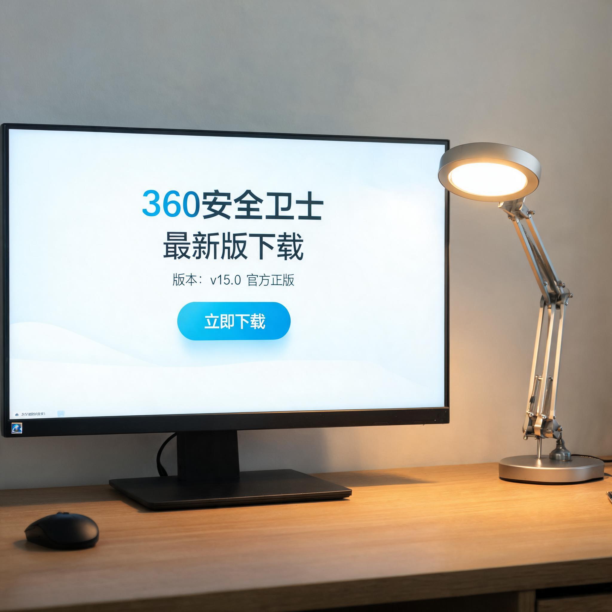 电脑桌上的电脑，屏幕显示360 卫士最新版下载界面，旁边放着台灯
