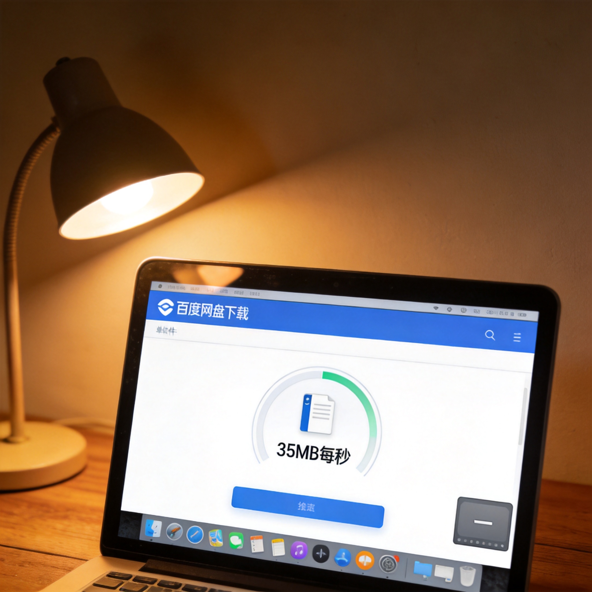 电脑屏幕显示百度网盘下载界面，单个文件下载速度显示35MB每秒，桌面右下角有已关闭的视频软件图标，台灯暖光