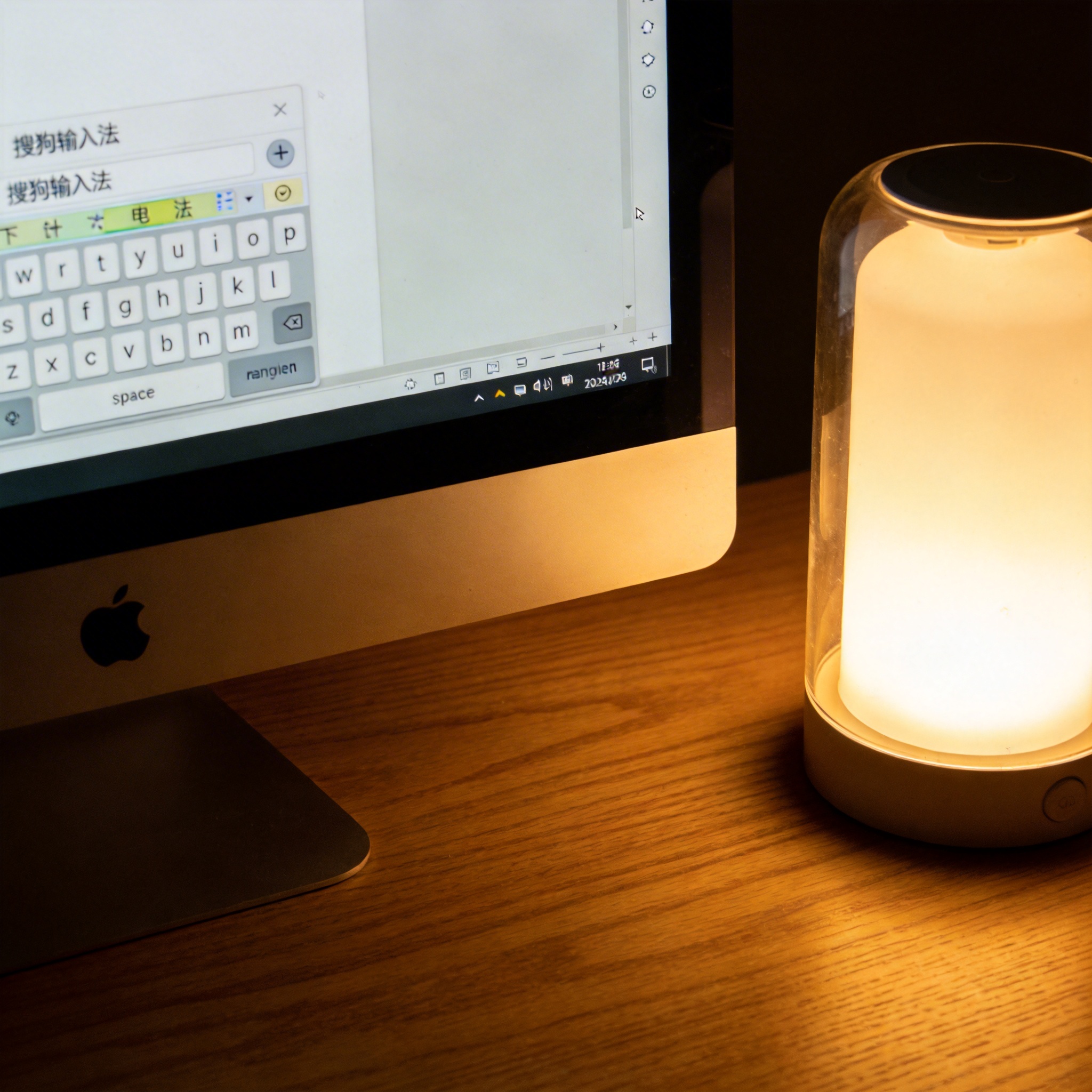 电脑桌上的电脑，屏幕显示搜狗输入法界面，旁边放着台灯