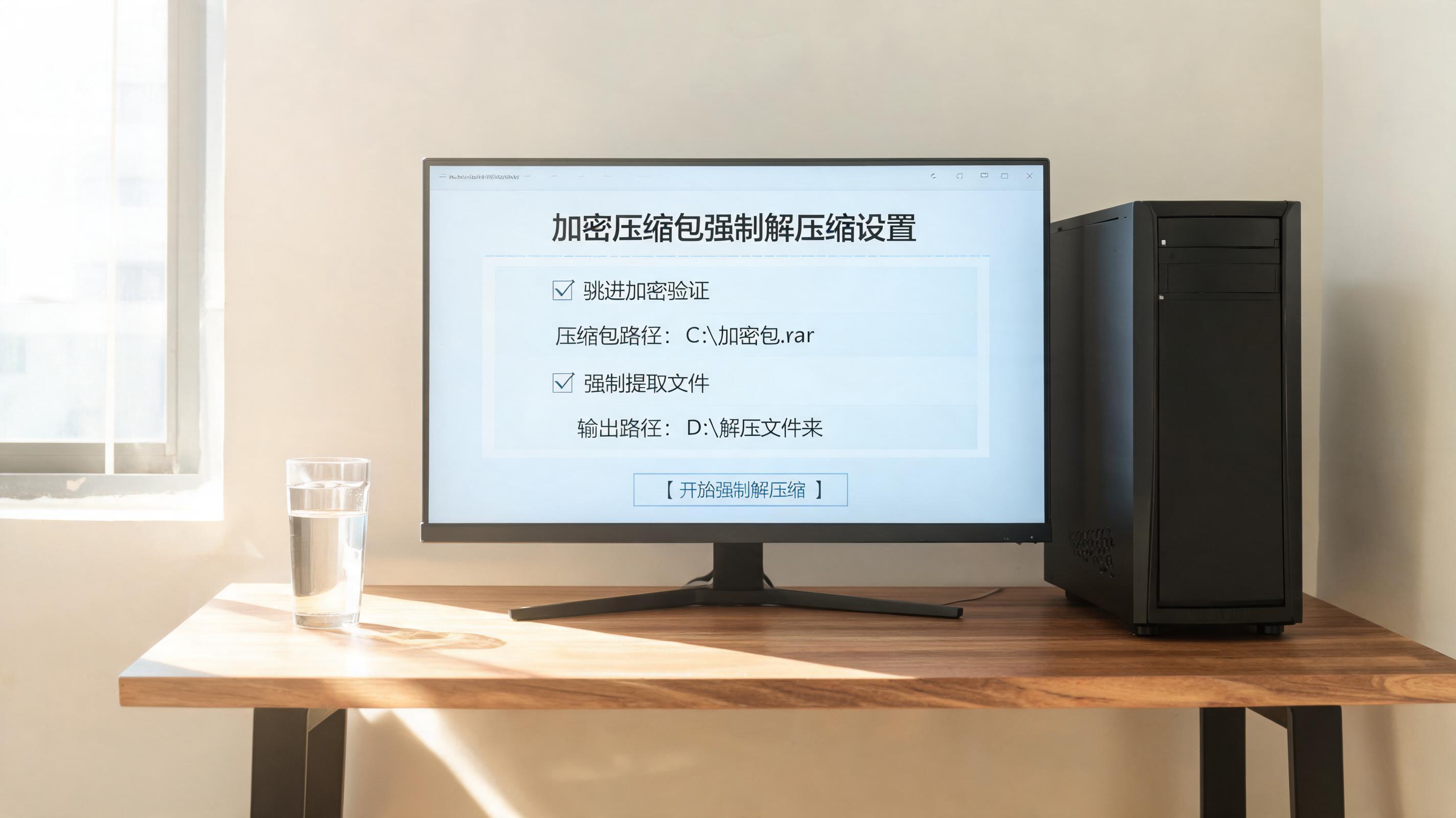 书桌上的主机，屏幕显示加密压缩包强制解压缩设置界面，桌角放着水杯，自然光