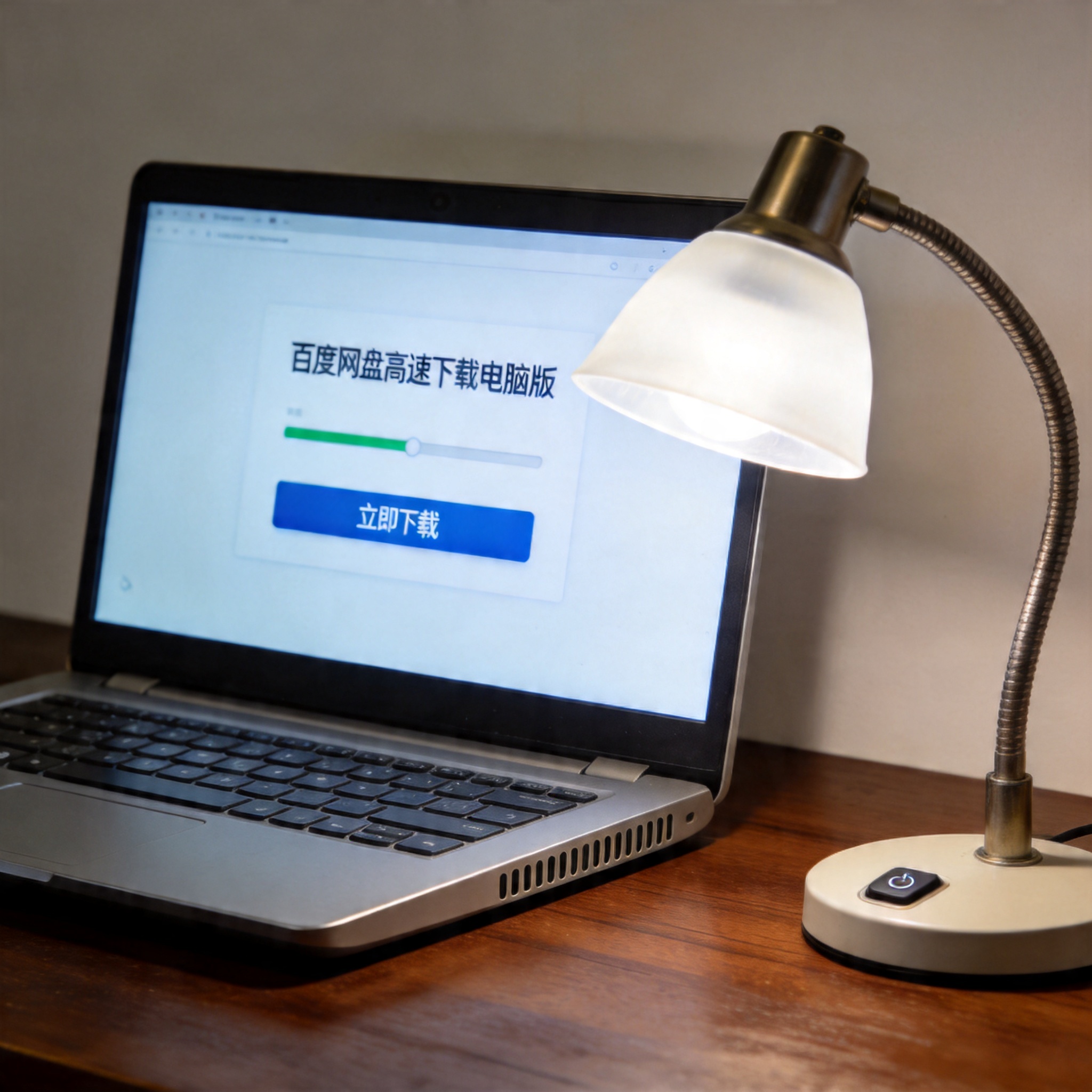 电脑桌上的电脑，屏幕显示百度网盘高速下载电脑版界面，旁边放着台灯