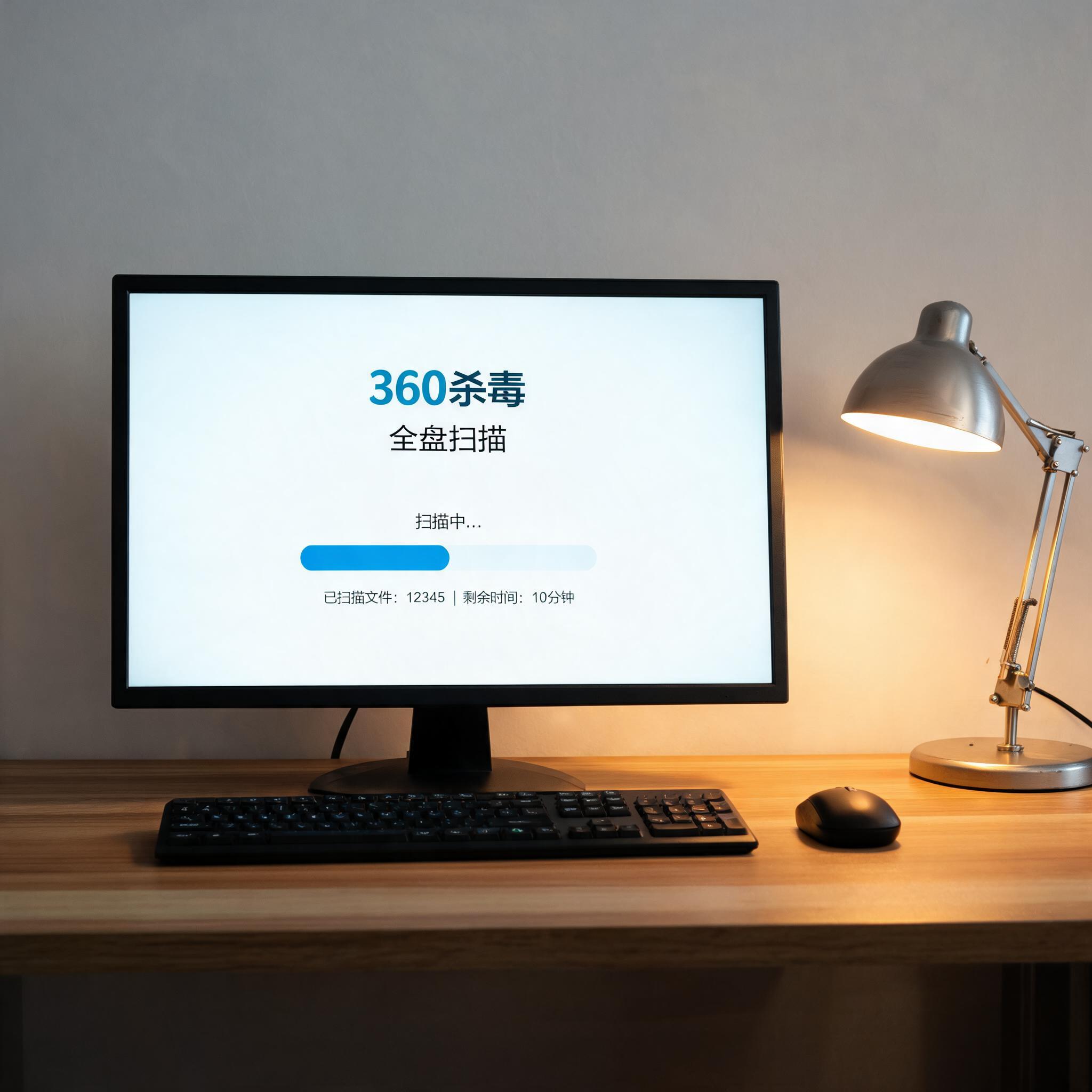电脑桌上的电脑，屏幕显示360 杀毒全盘扫描界面，旁边放着台灯