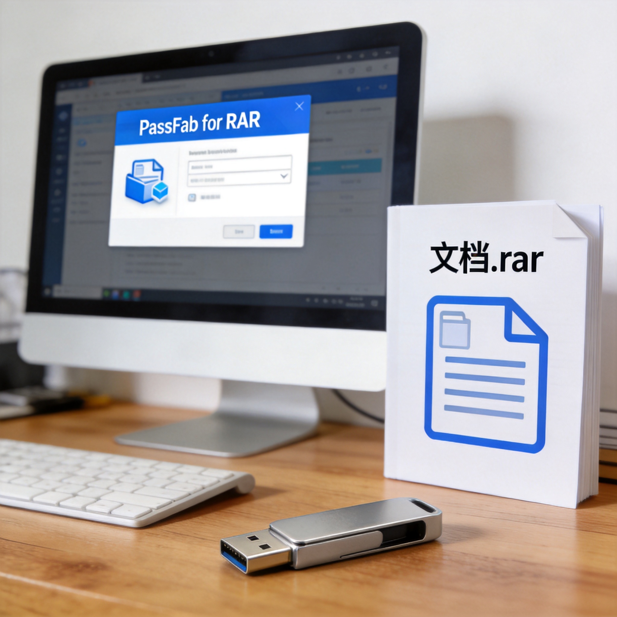 电脑桌的电脑屏幕显示PassFab for RAR工具界面，旁边放着RAR格式加密压缩包文件，桌面散落着U盘，室内自然光