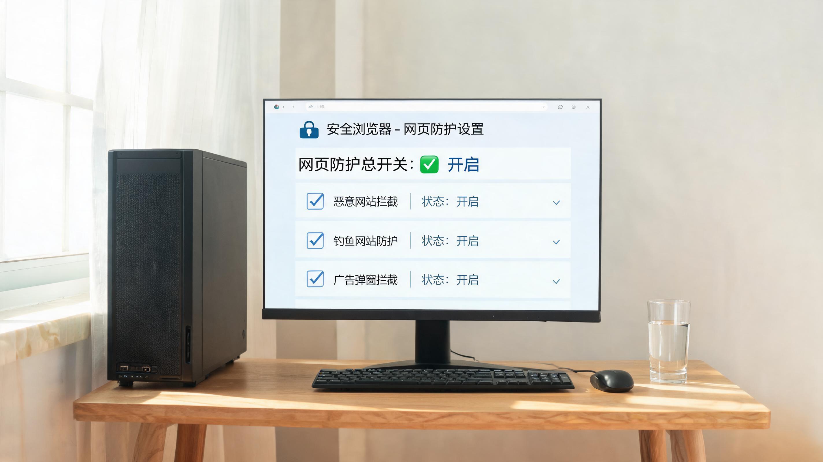 书桌上的主机，屏幕显示安全浏览器网页防护功能设置界面，桌角放着水杯，自然光