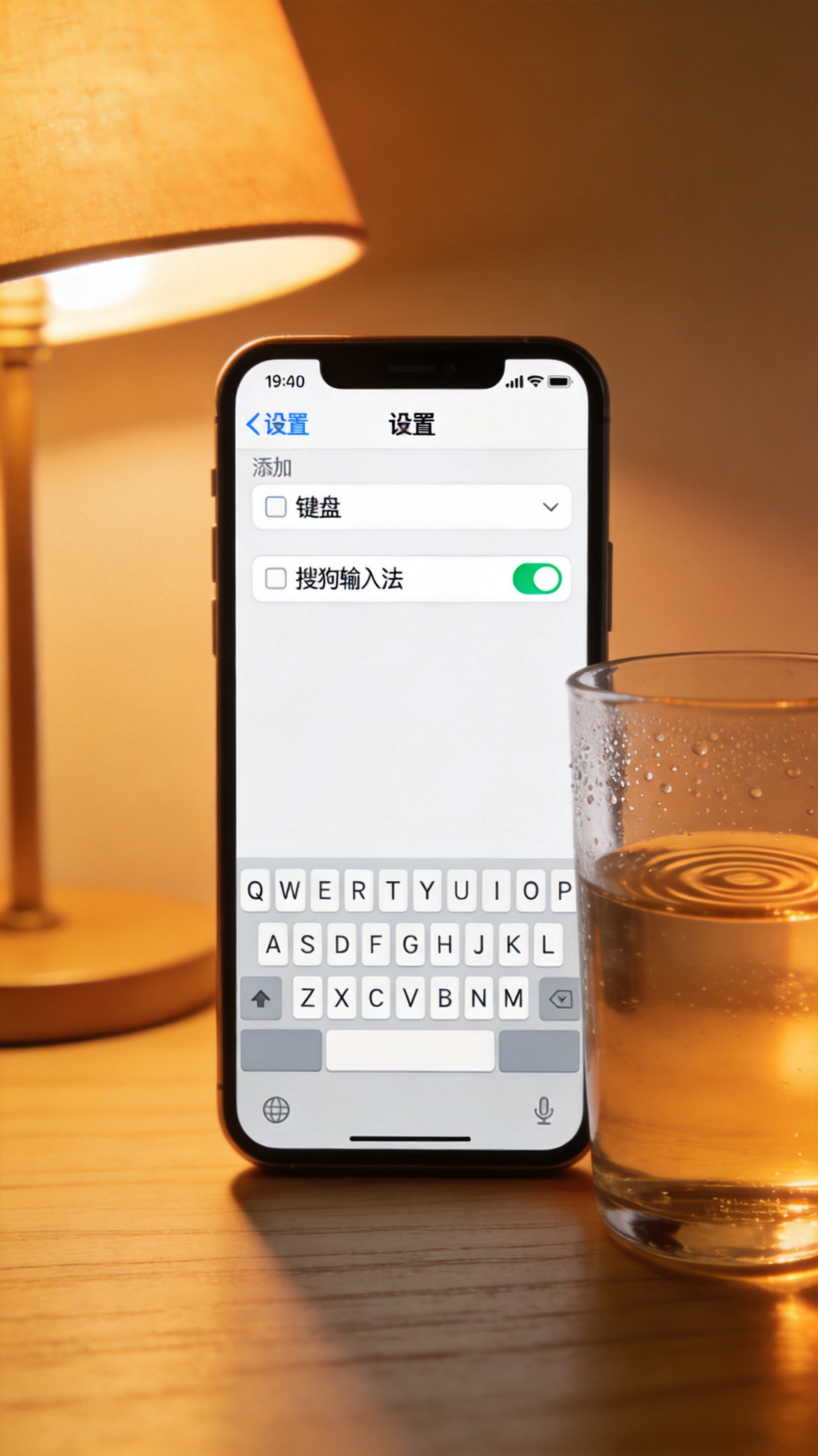 iPhone屏幕显示设置里的键盘添加界面，已选中搜狗输入法，旁边放着半杯温水，台灯暖光