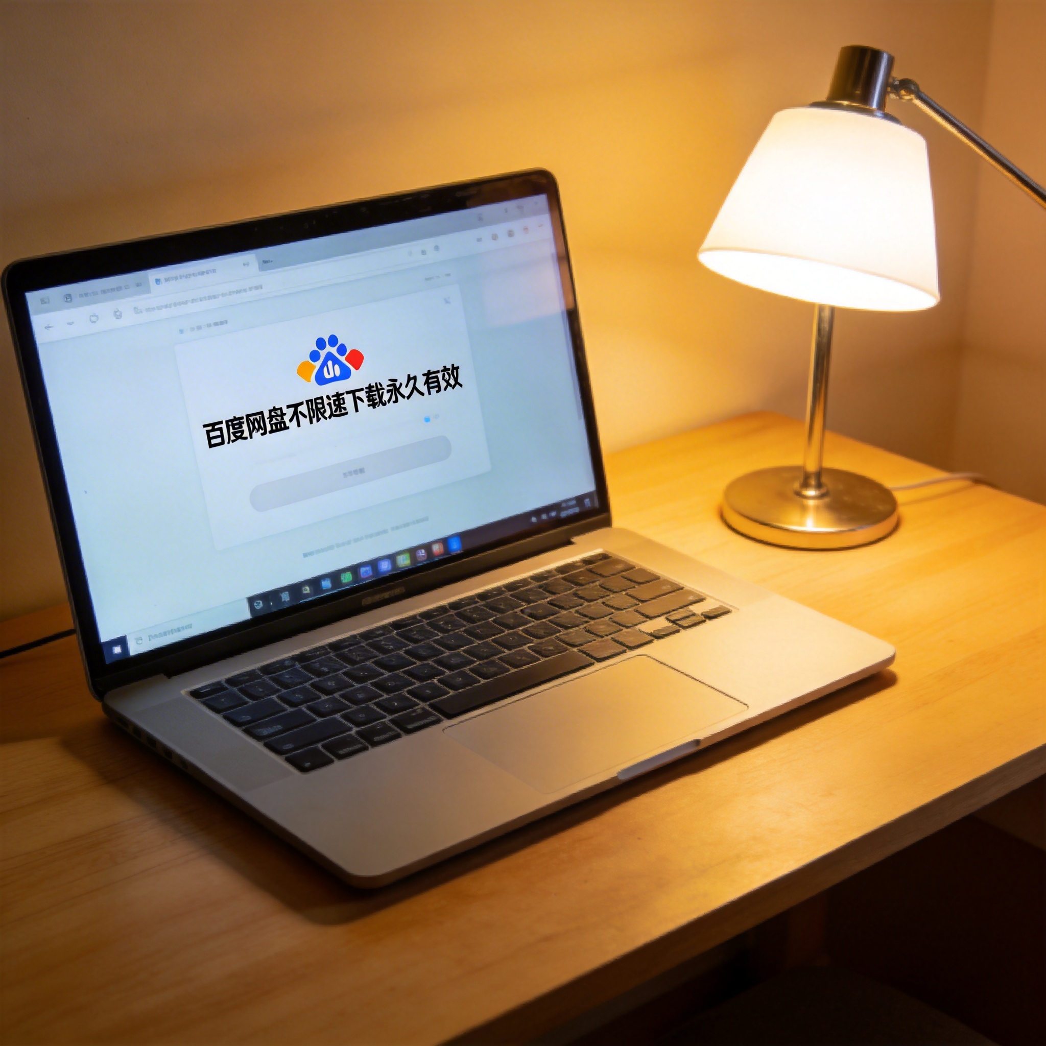 电脑桌上的电脑，屏幕显示百度网盘不限速下载永久有效界面，旁边放着台灯