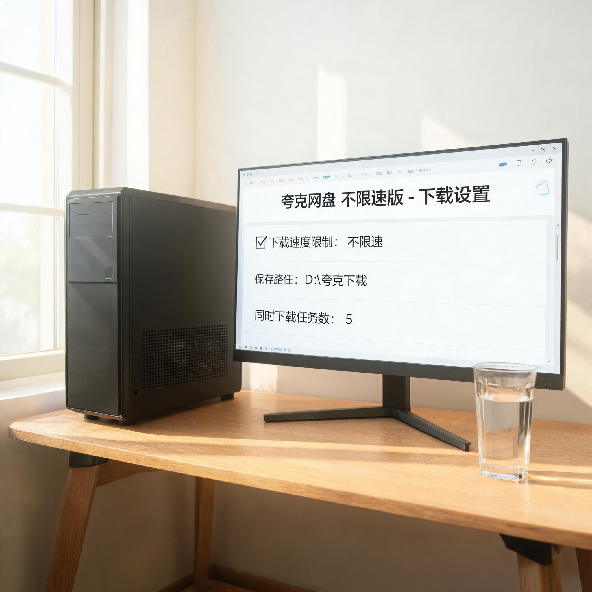 书桌上的主机，屏幕显示夸克网盘不限速版下载设置界面，桌角放着水杯，自然光