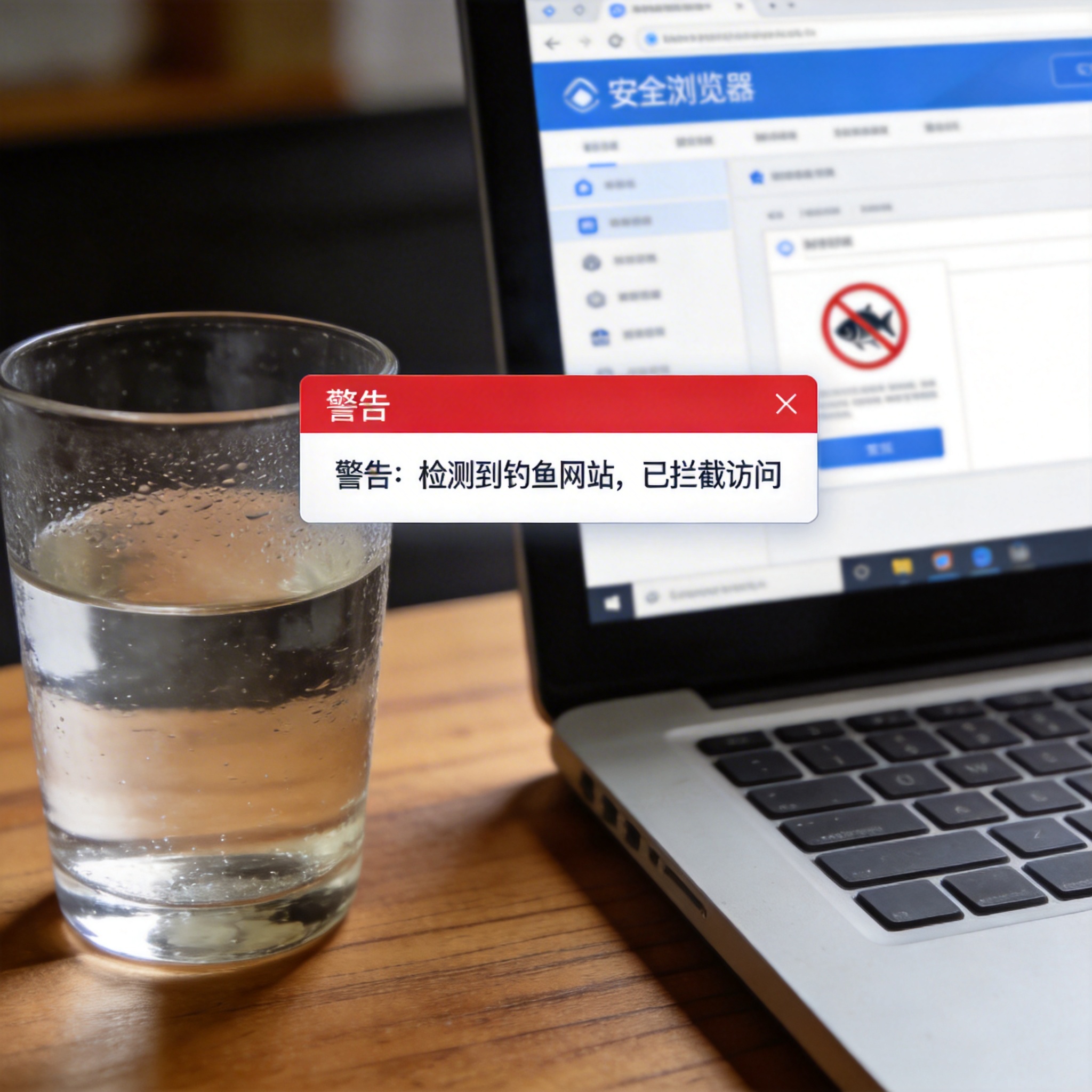 电脑桌的电脑屏幕显示安全浏览器界面，弹出红色钓鱼网站拦截警示窗口，旁边放着半杯凉白开，室内自然光