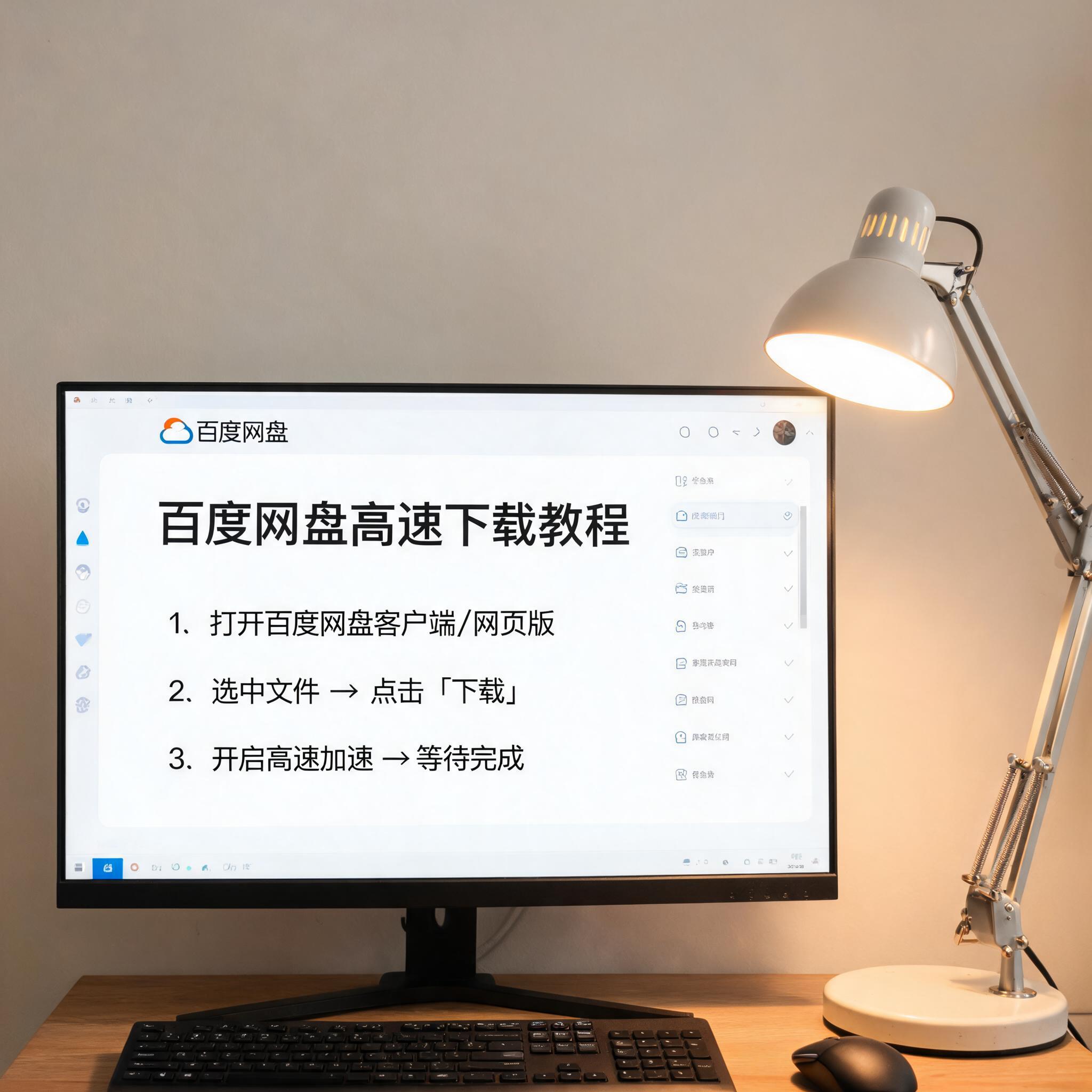 电脑桌上的电脑，屏幕显示百度网盘高速下载教程界面，旁边放着台灯