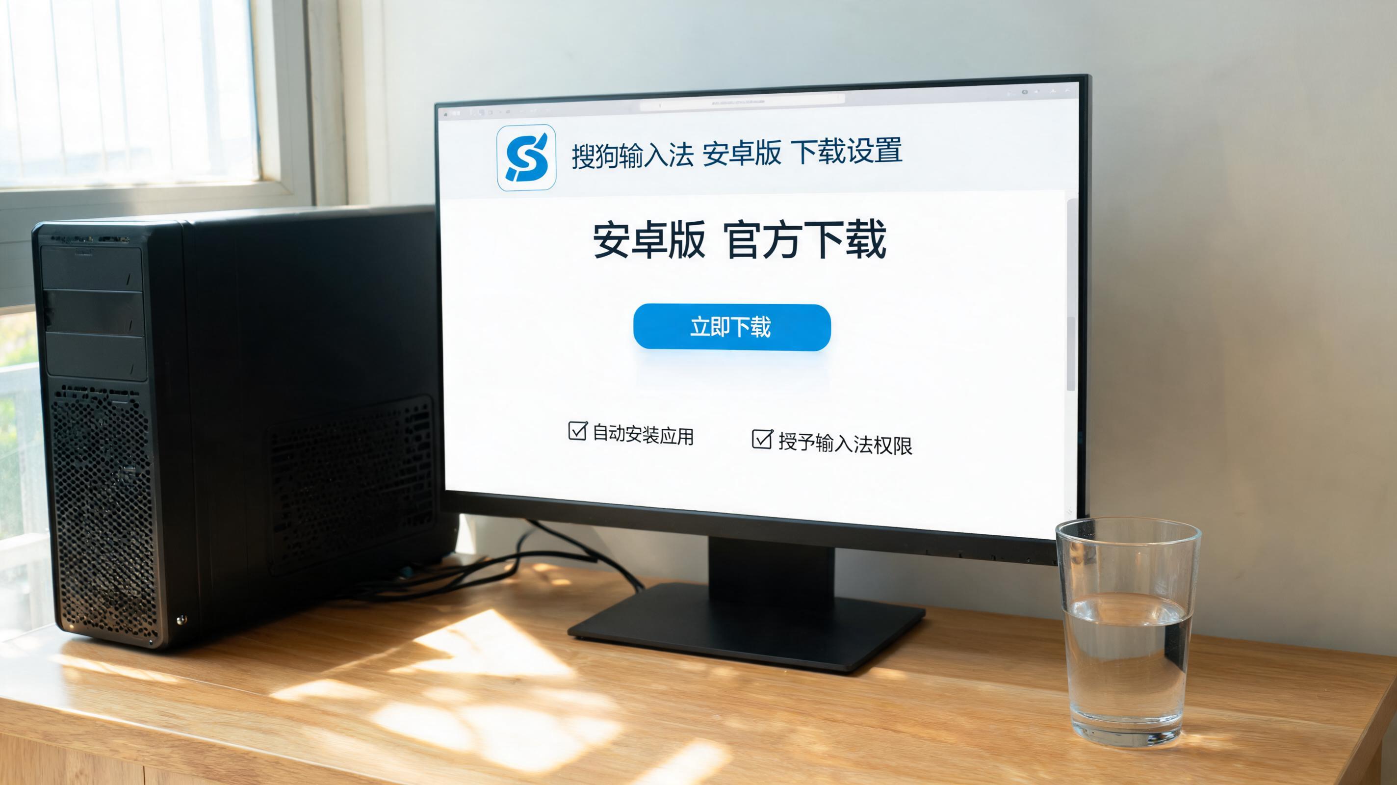 书桌上的主机，屏幕显示搜狗输入法安卓版下载设置界面，桌角放着水杯，自然光
