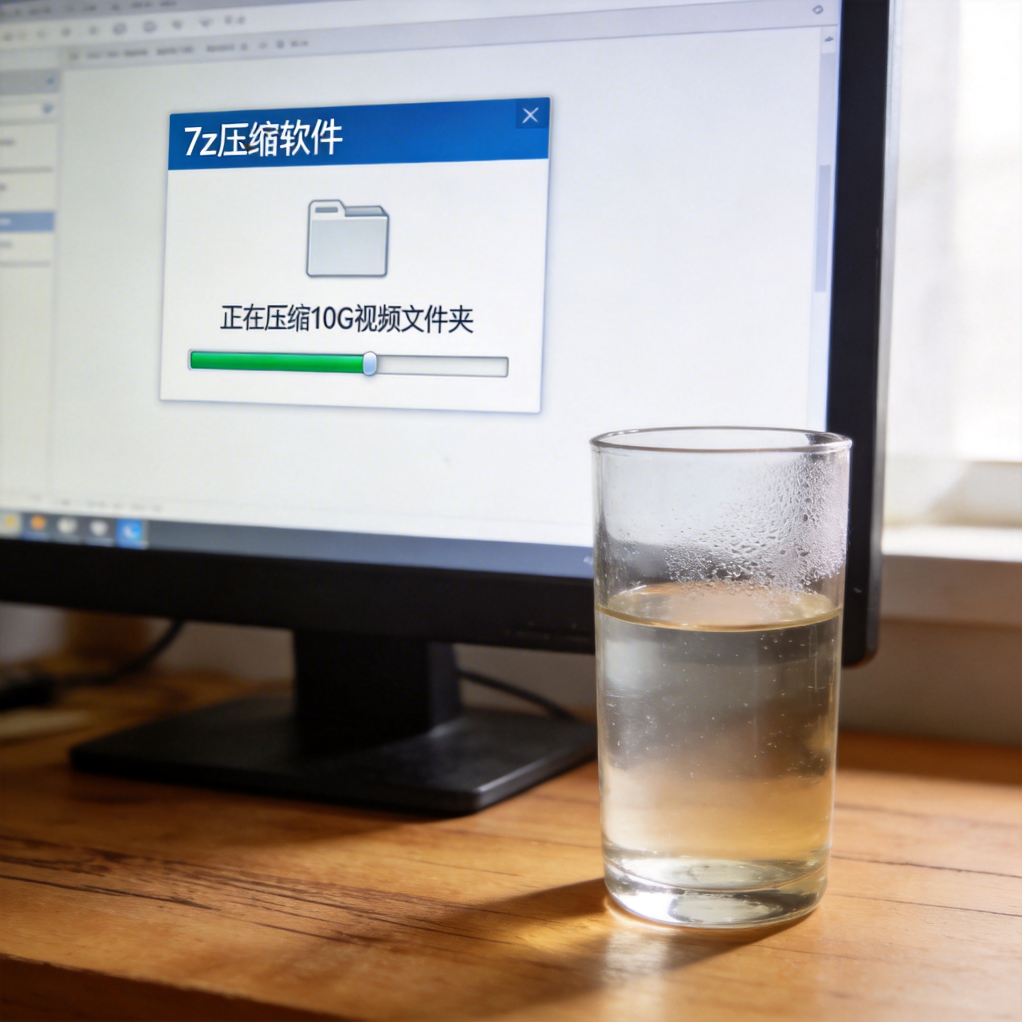 电脑桌的台式电脑，屏幕显示7z压缩软件界面，正在压缩10G视频文件夹，桌面放着半杯温水，室内自然光