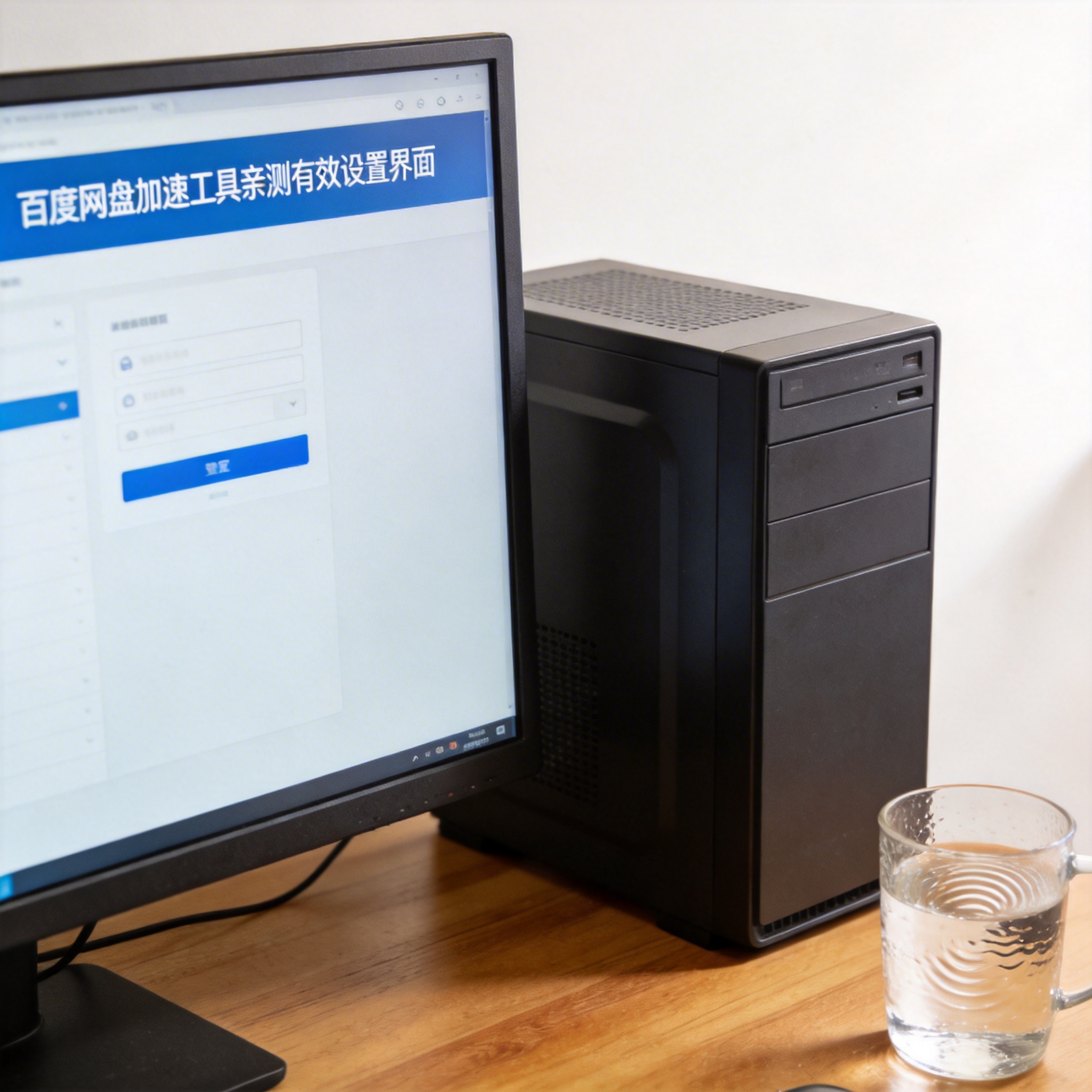 书桌上的主机，屏幕显示百度网盘加速工具亲测有效设置界面，桌角放着水杯，自然光