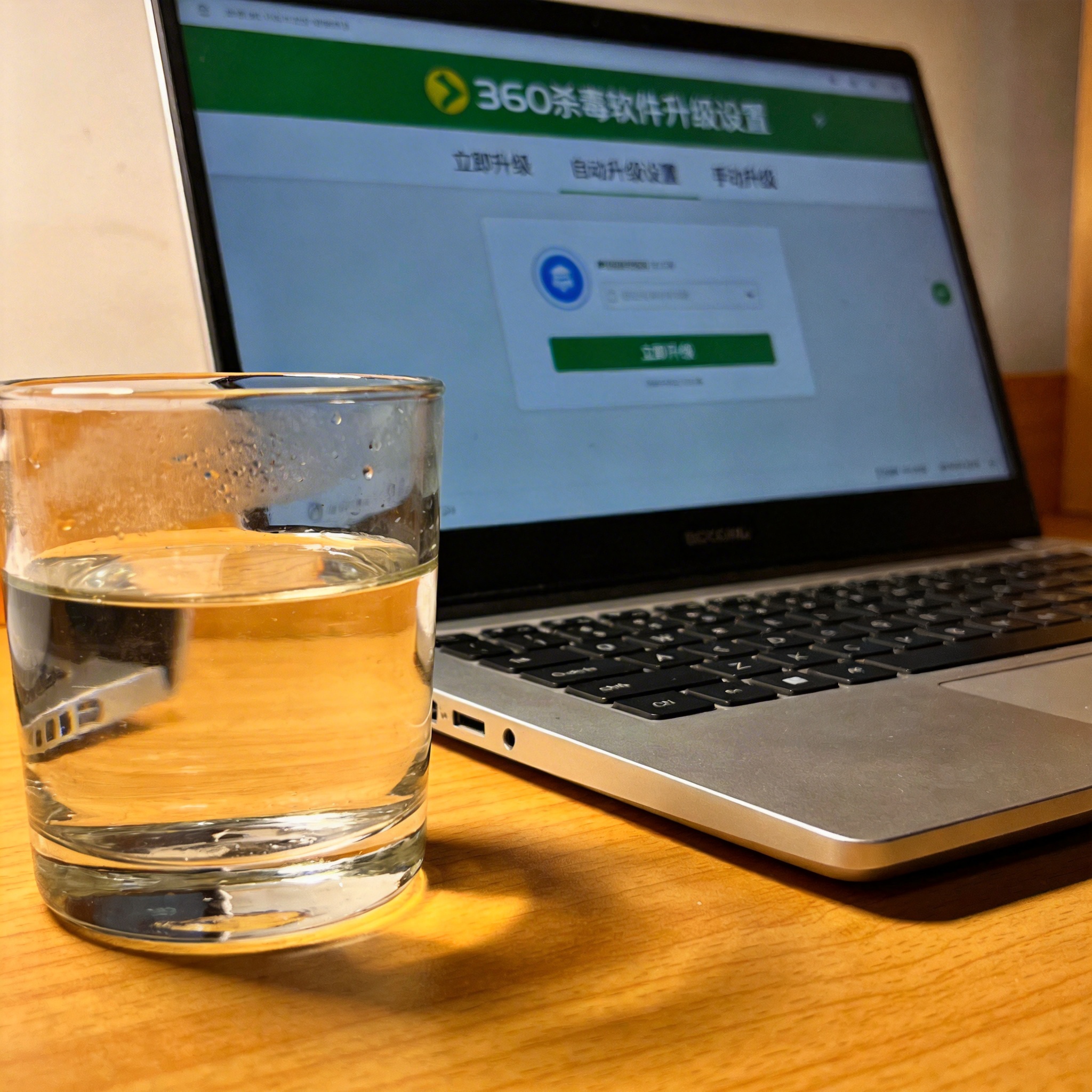 书桌上的笔记本，屏幕显示360 杀毒软件如何升级设置界面，桌角放着水杯，自然光