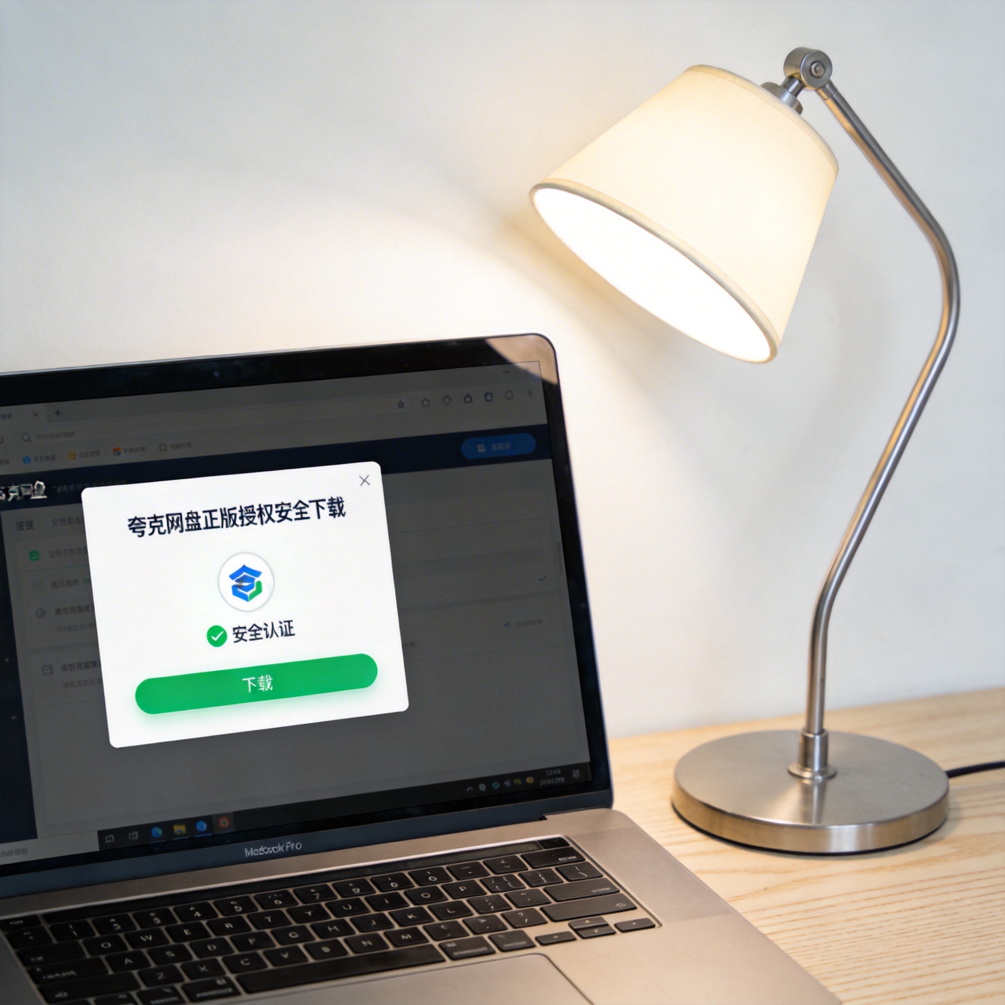 电脑桌上的电脑，屏幕显示夸克网盘正版授权安全下载界面，旁边放着台灯