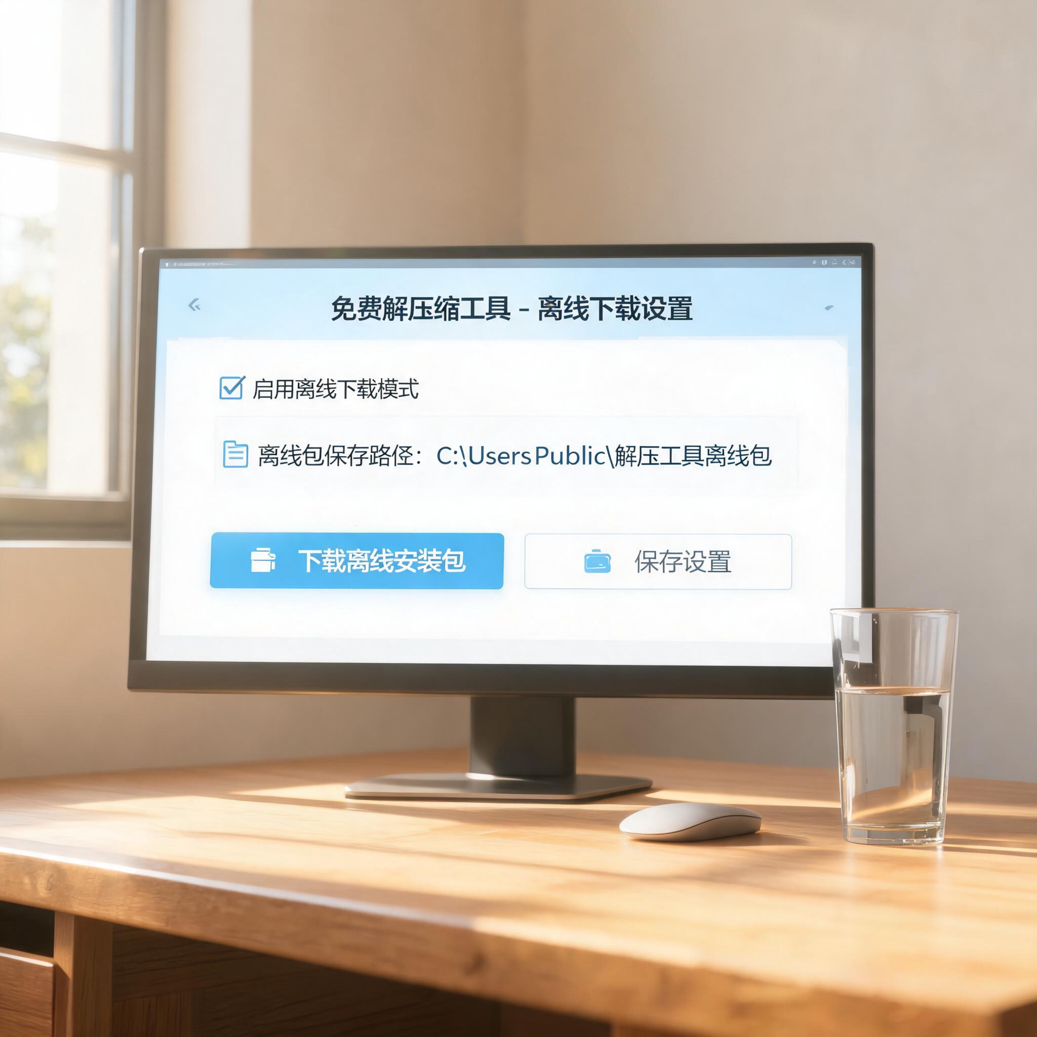 书桌上的电脑，屏幕显示免费解压缩工具离线下载设置界面，桌角放着水杯，自然光