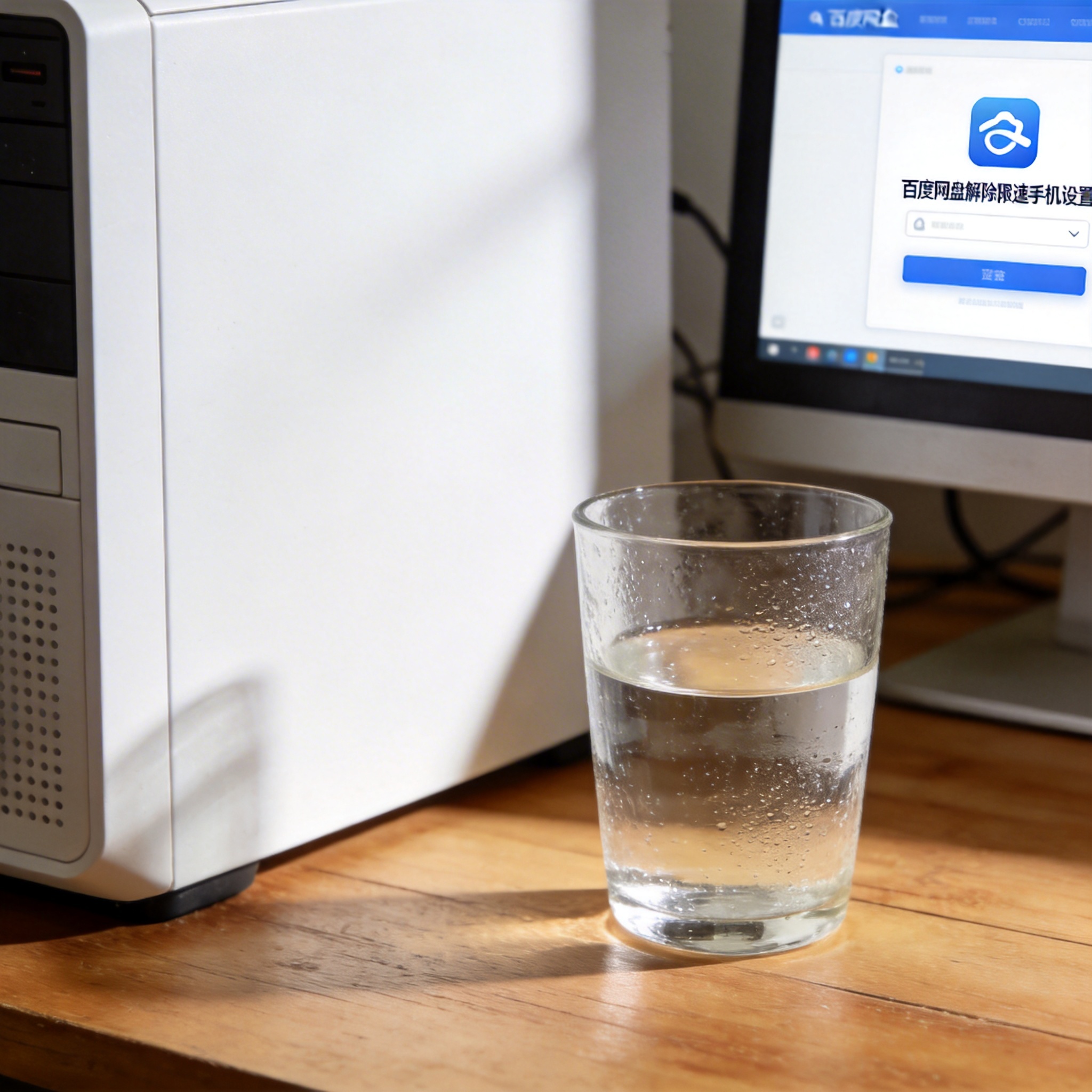 书桌上的主机，屏幕显示百度网盘解除限速手机设置界面，桌角放着水杯，自然光