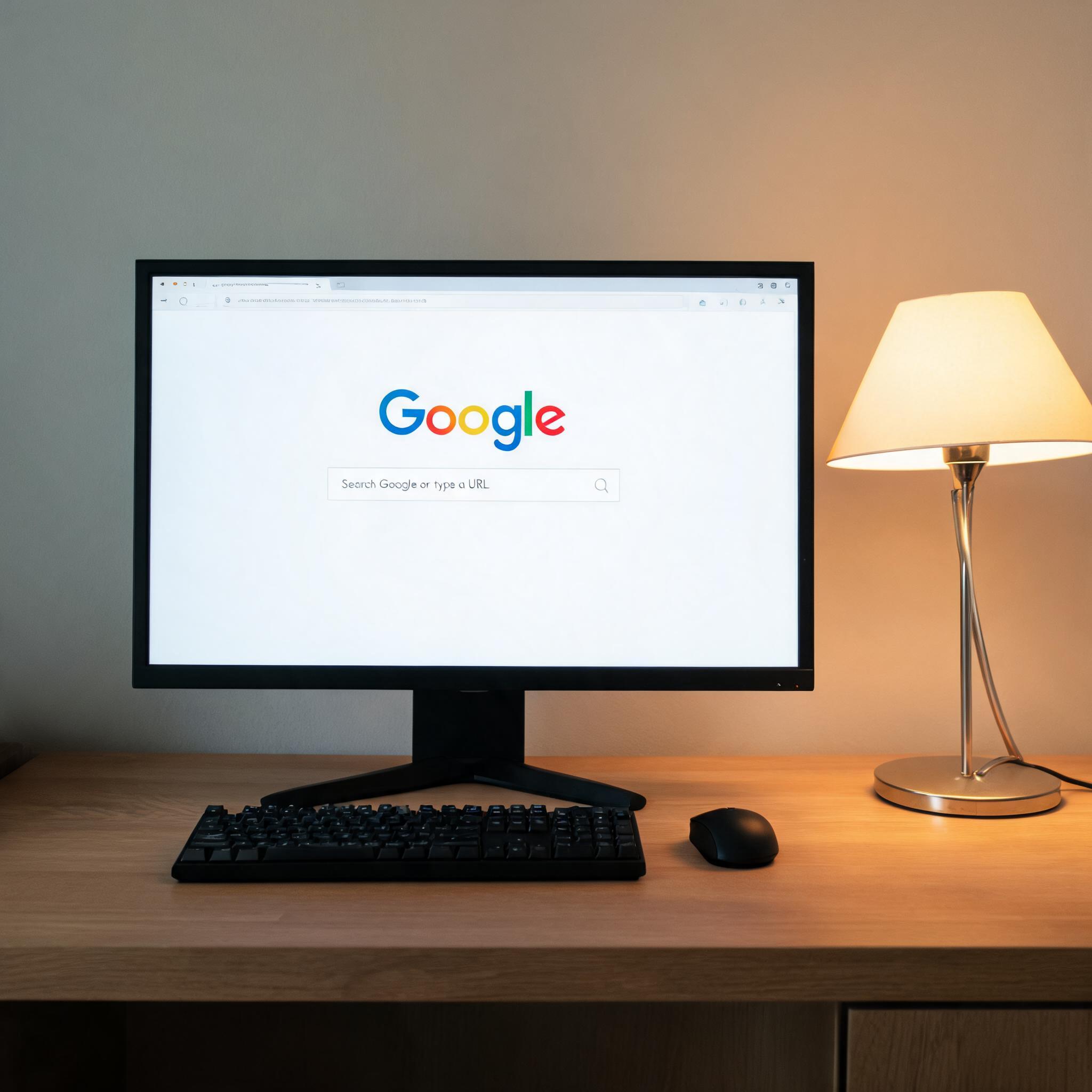 电脑桌上的电脑，屏幕显示google界面，旁边放着台灯