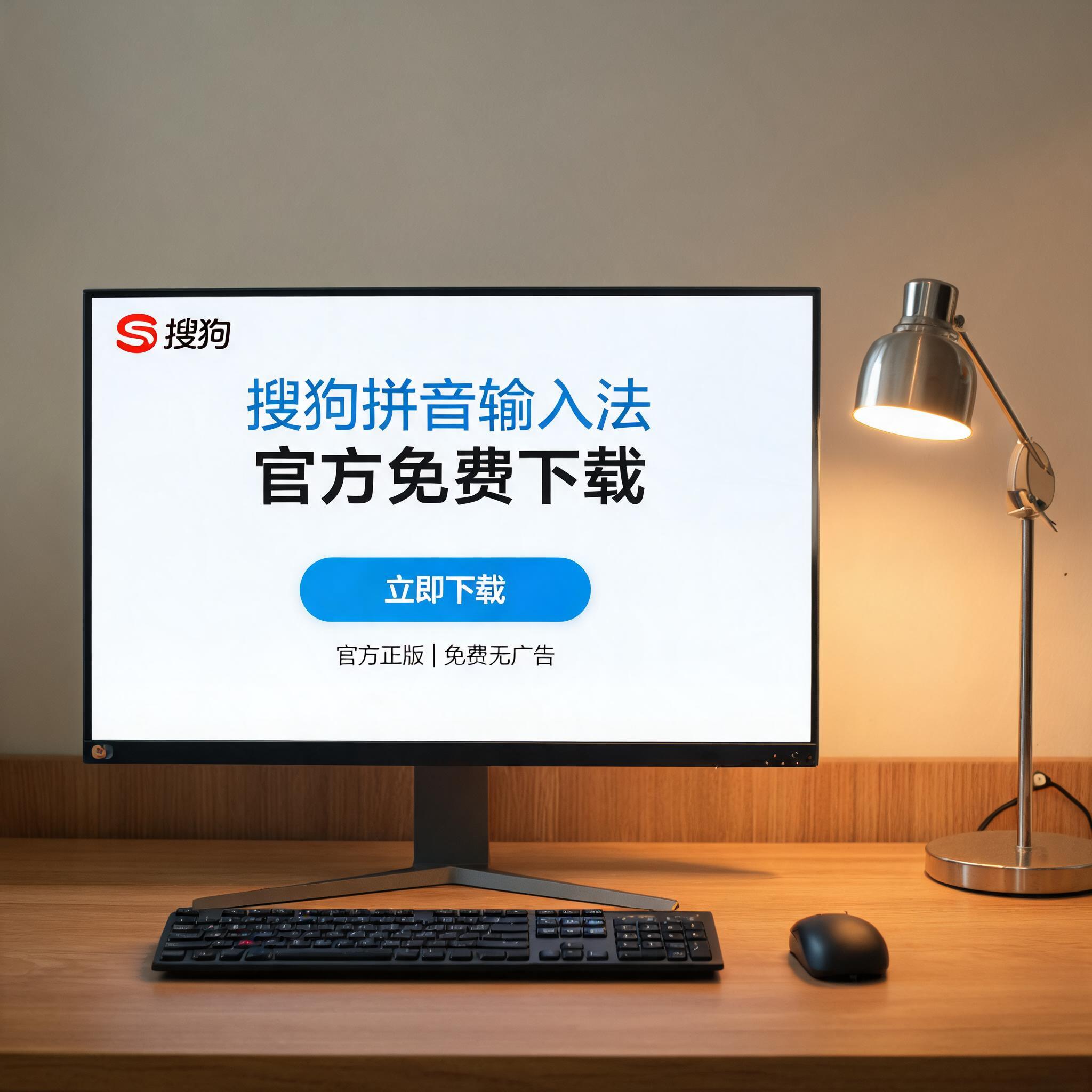 电脑桌上的电脑，屏幕显示搜狗拼音官方免费下载界面，旁边放着台灯