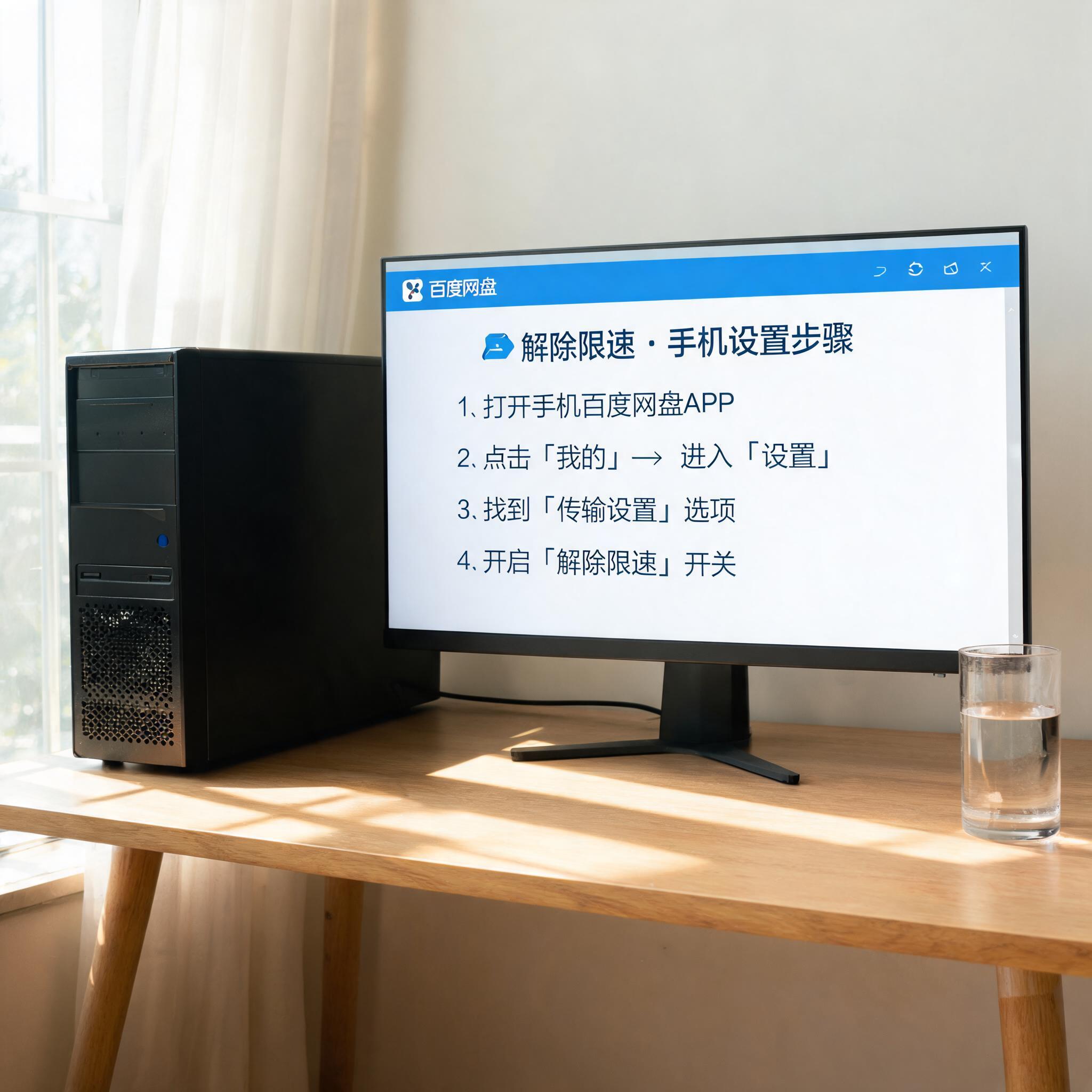 书桌上的主机，屏幕显示百度网盘解除限速手机设置界面，桌角放着水杯，自然光
