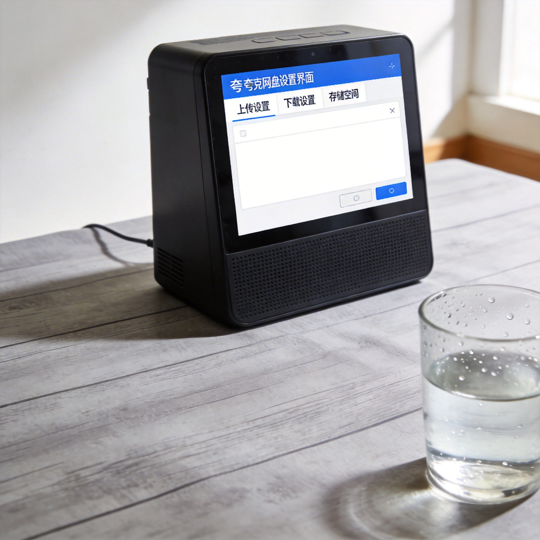 书桌上的主机，屏幕显示夸克网盘设置界面，桌角放着水杯，自然光