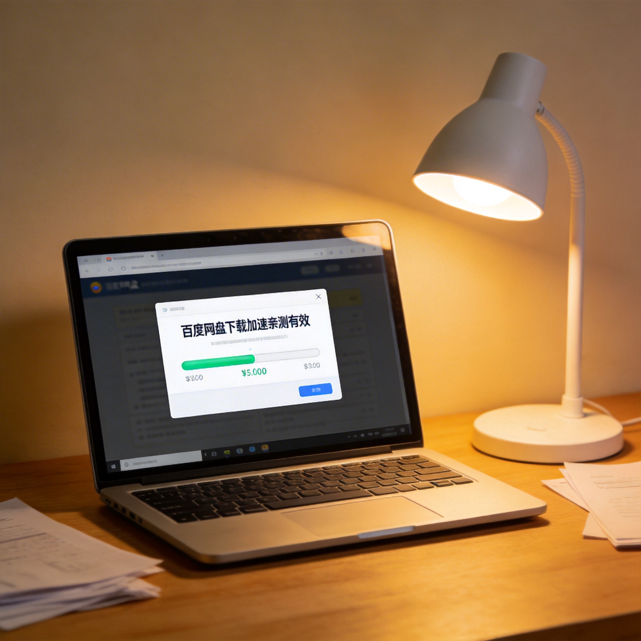 电脑桌上的电脑，屏幕显示百度网盘下载加速亲测有效界面，旁边放着台灯