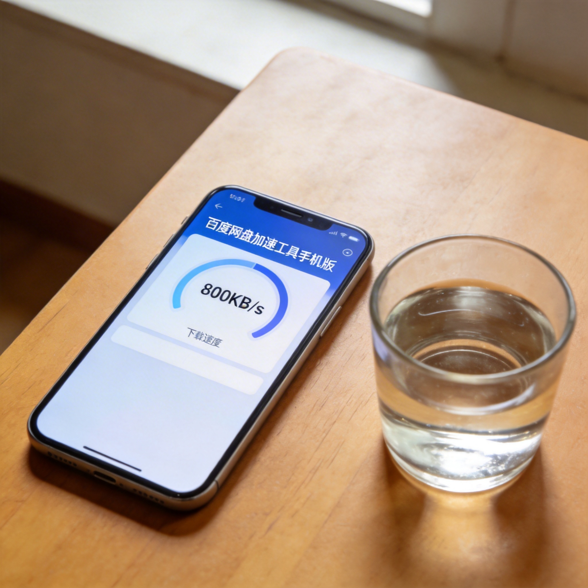 桌面的智能手机，屏幕显示百度网盘加速工具手机版界面，下载速度显示800KB/s，旁边放着半杯温水，室内自然光