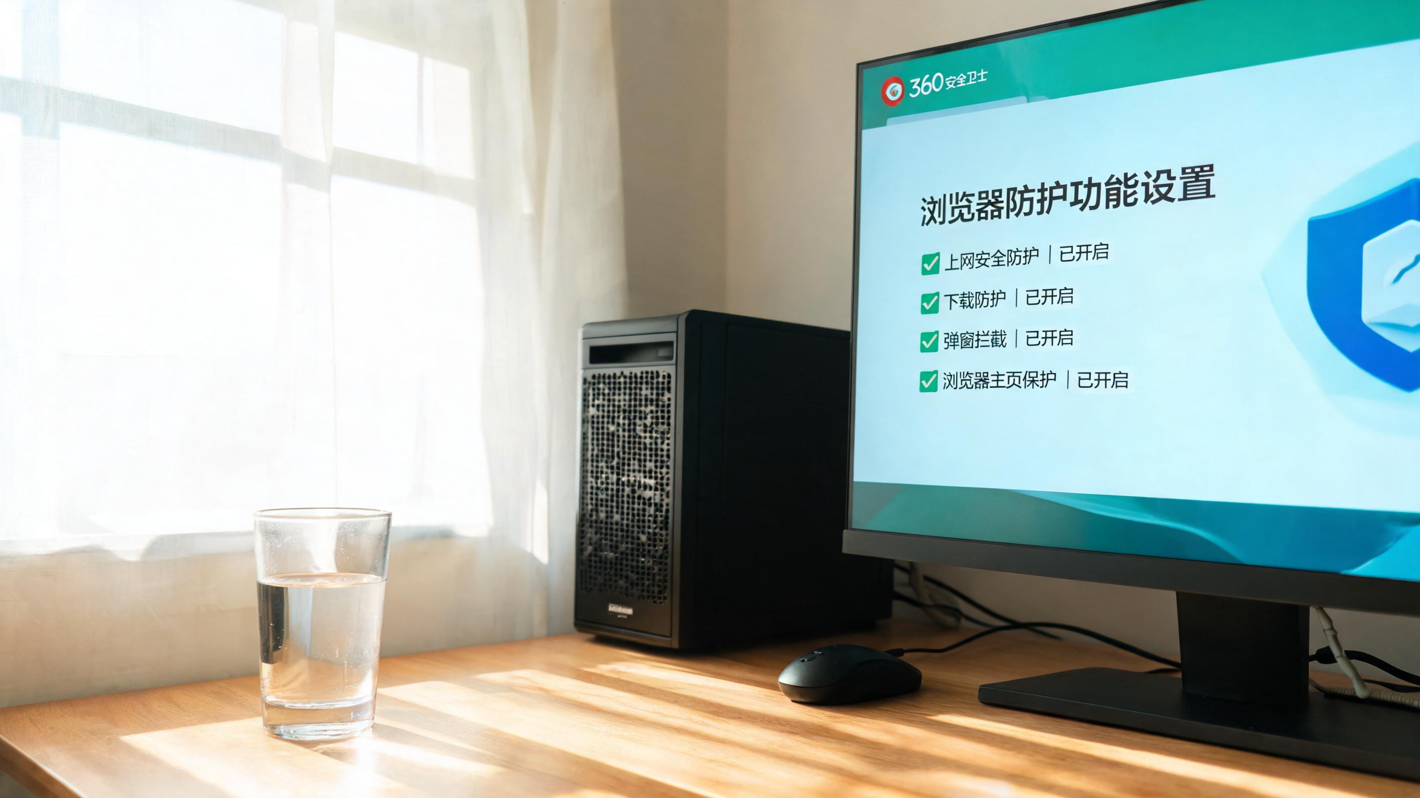 书桌上的主机，屏幕显示360 卫士浏览器防护功能设置界面，桌角放着水杯，自然光