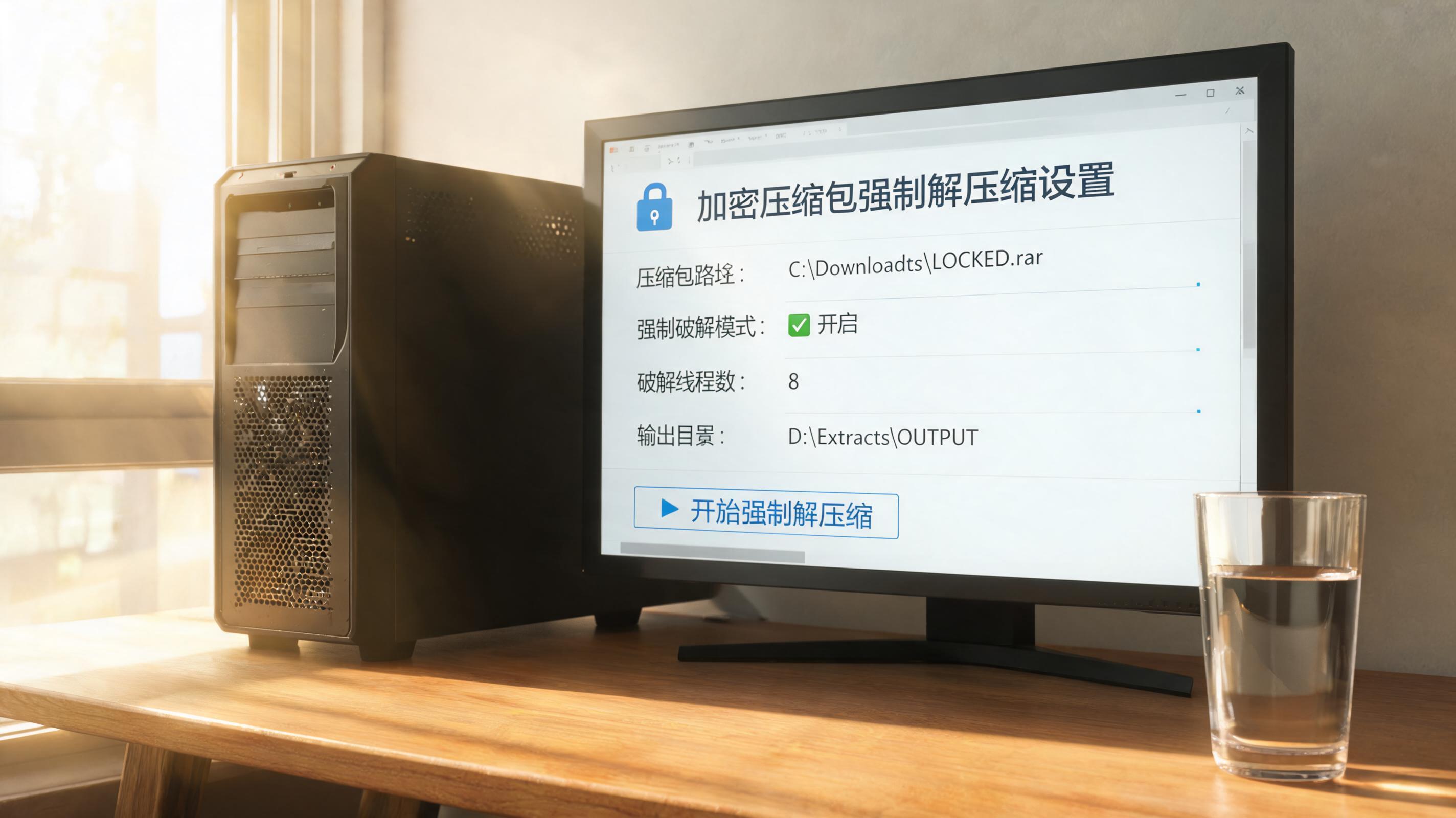 书桌上的主机，屏幕显示加密压缩包强制解压缩设置界面，桌角放着水杯，自然光
