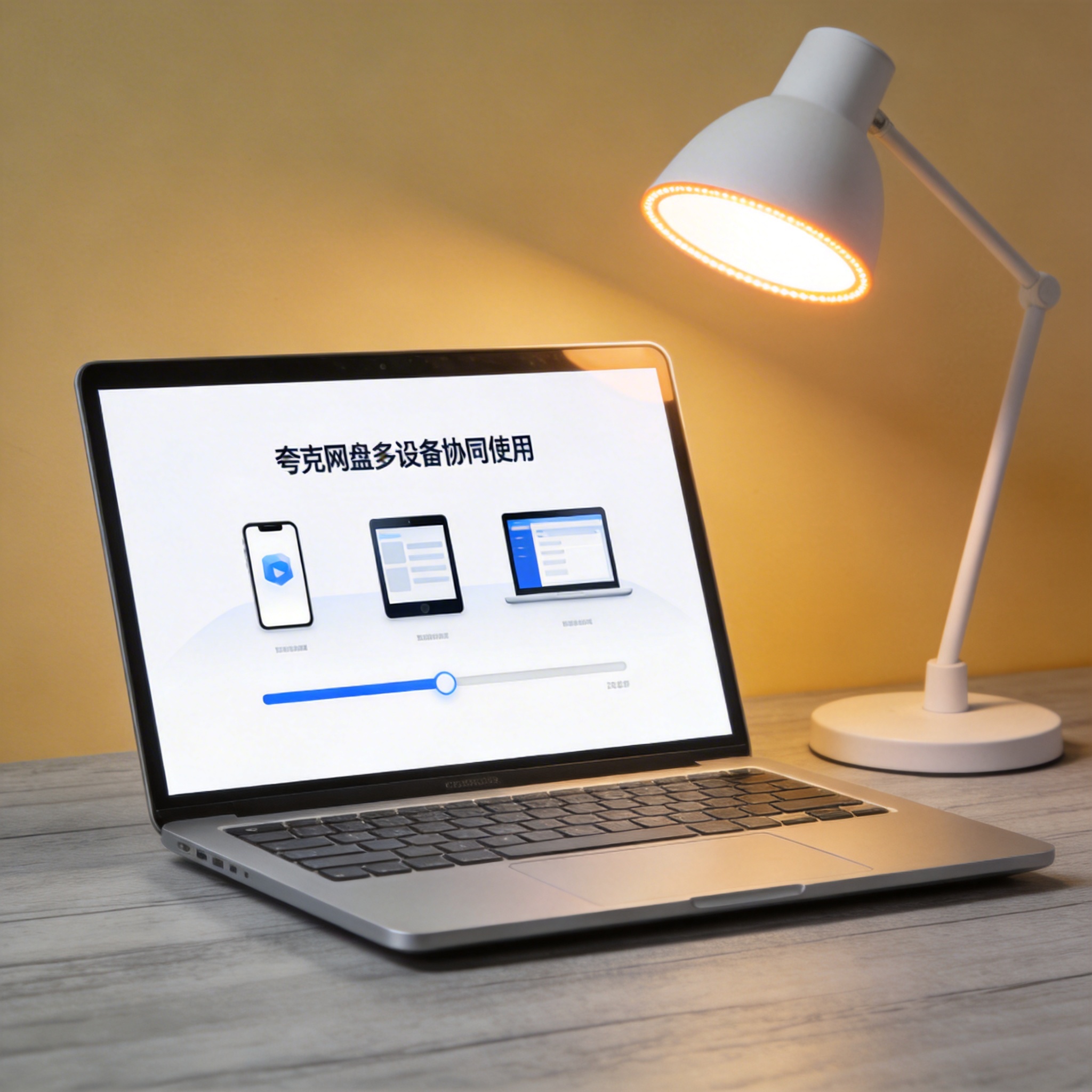 电脑桌上的电脑，屏幕显示夸克网盘多设备协同使用界面，旁边放着台灯