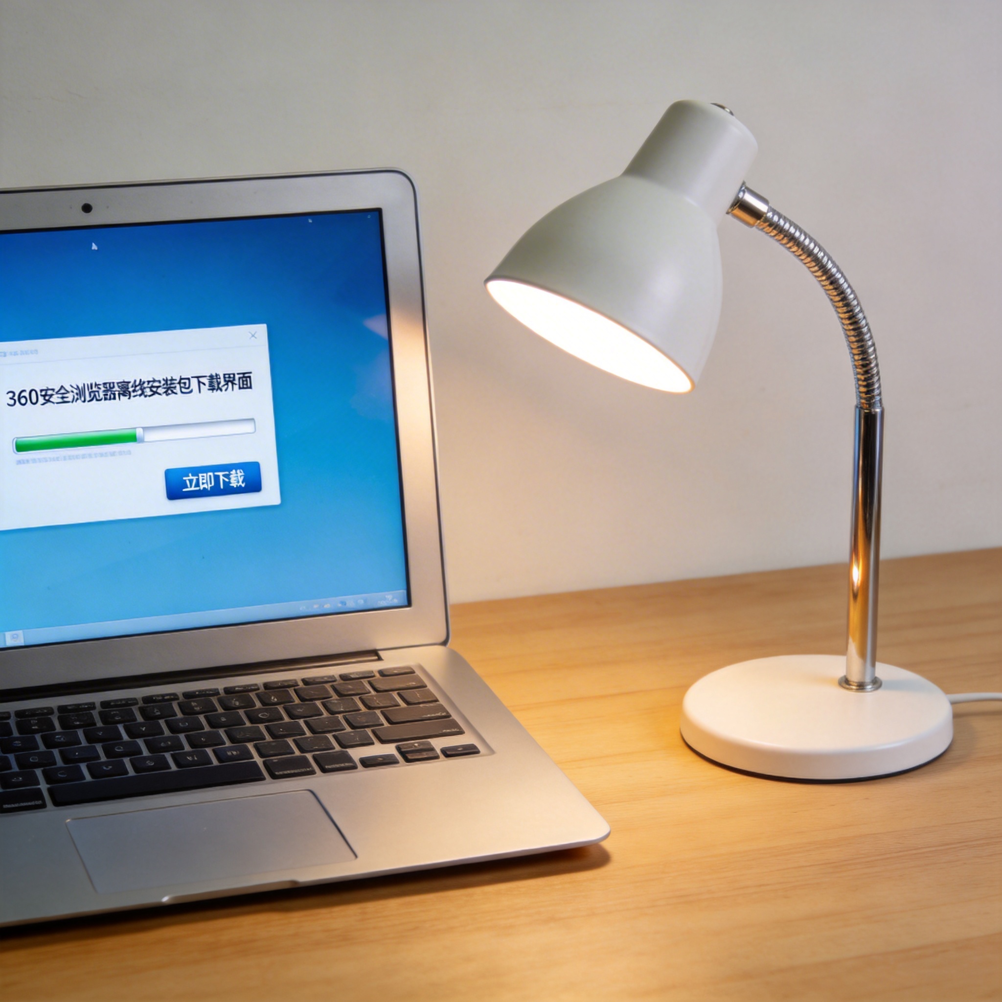 电脑桌上的电脑，屏幕显示360 安全浏览器离线安装包下载界面，旁边放着台灯