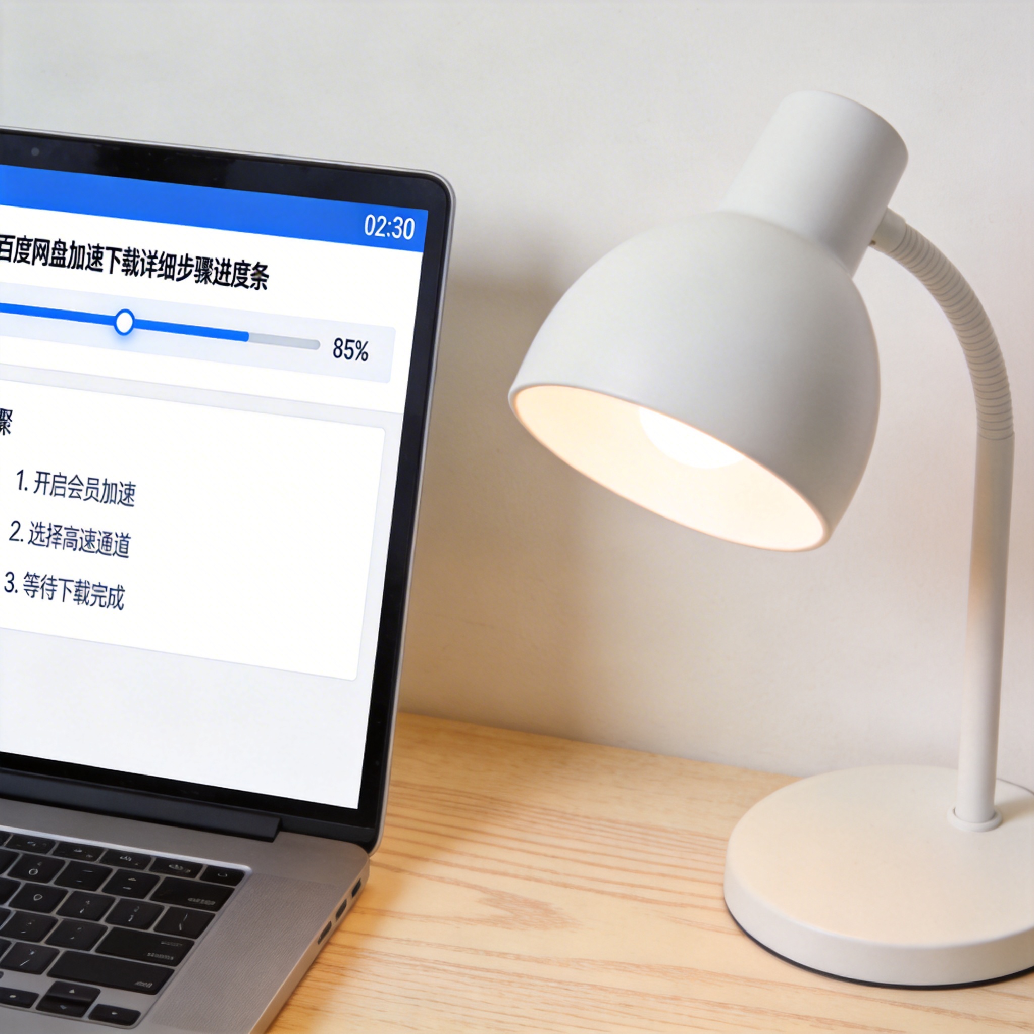 电脑桌上的电脑，屏幕显示百度网盘加速下载详细步骤进度条，旁边放着台灯