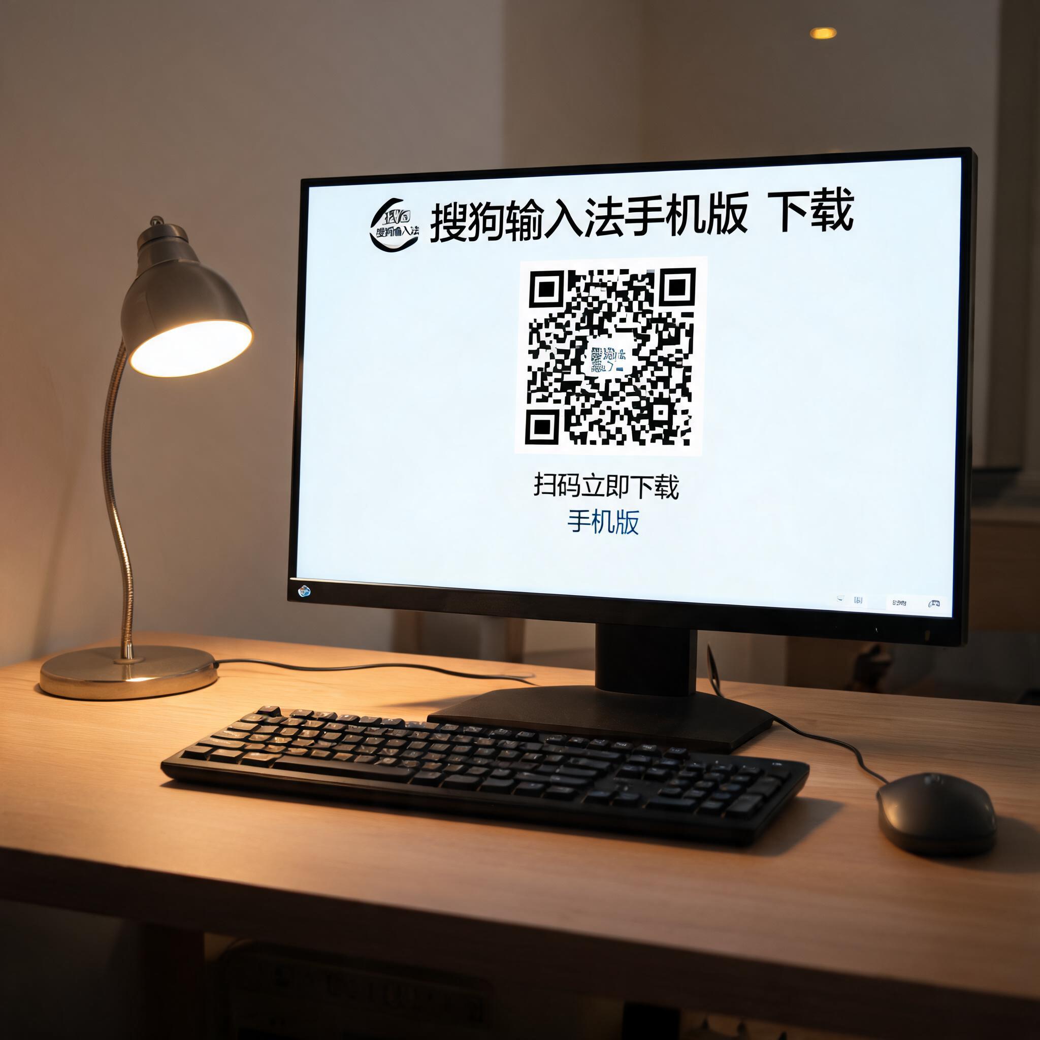 电脑桌上的键盘，屏幕显示搜狗输入法手机版下载界面，旁边放着台灯