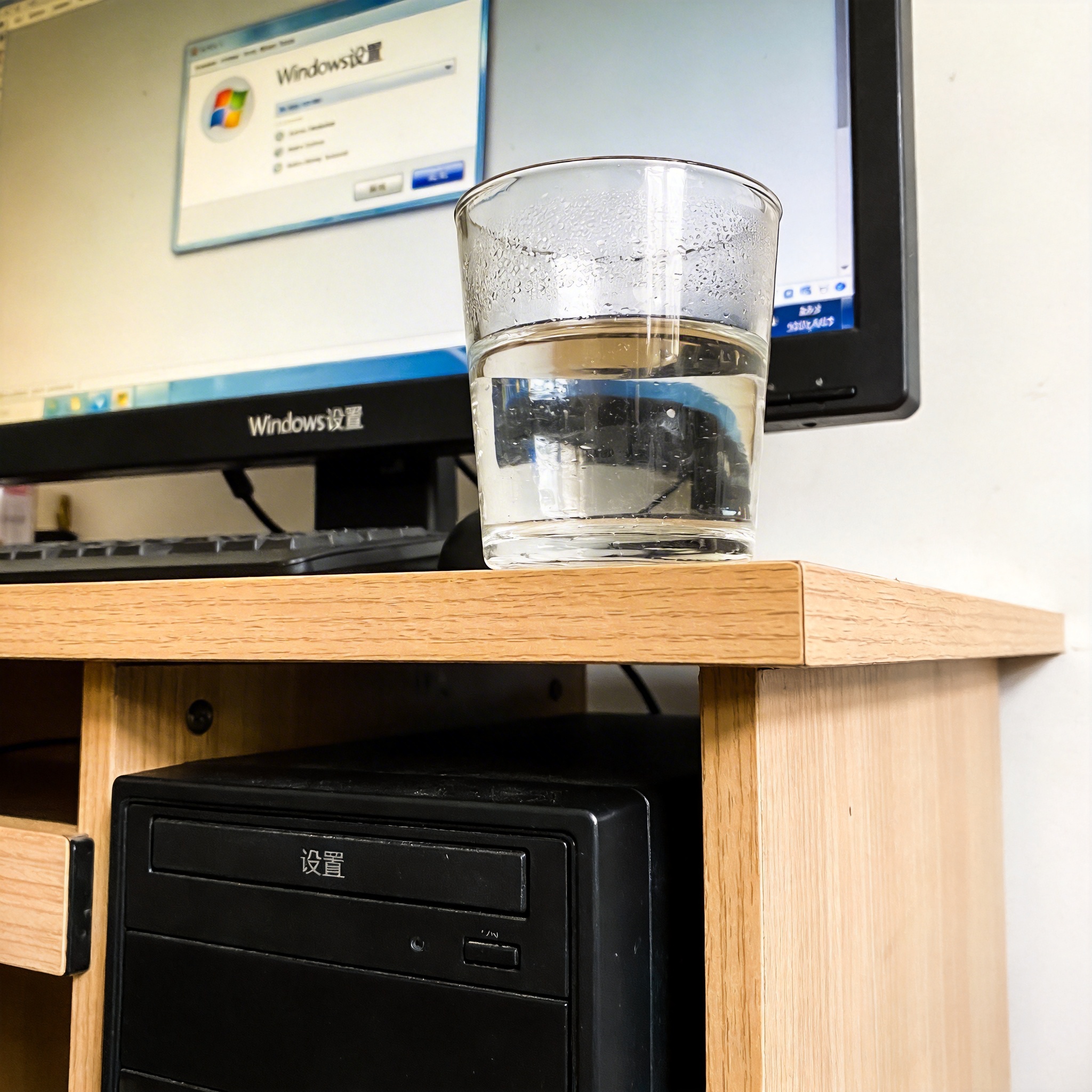 书桌上的主机，屏幕显示Windows设置界面，桌角放着水杯，自然光