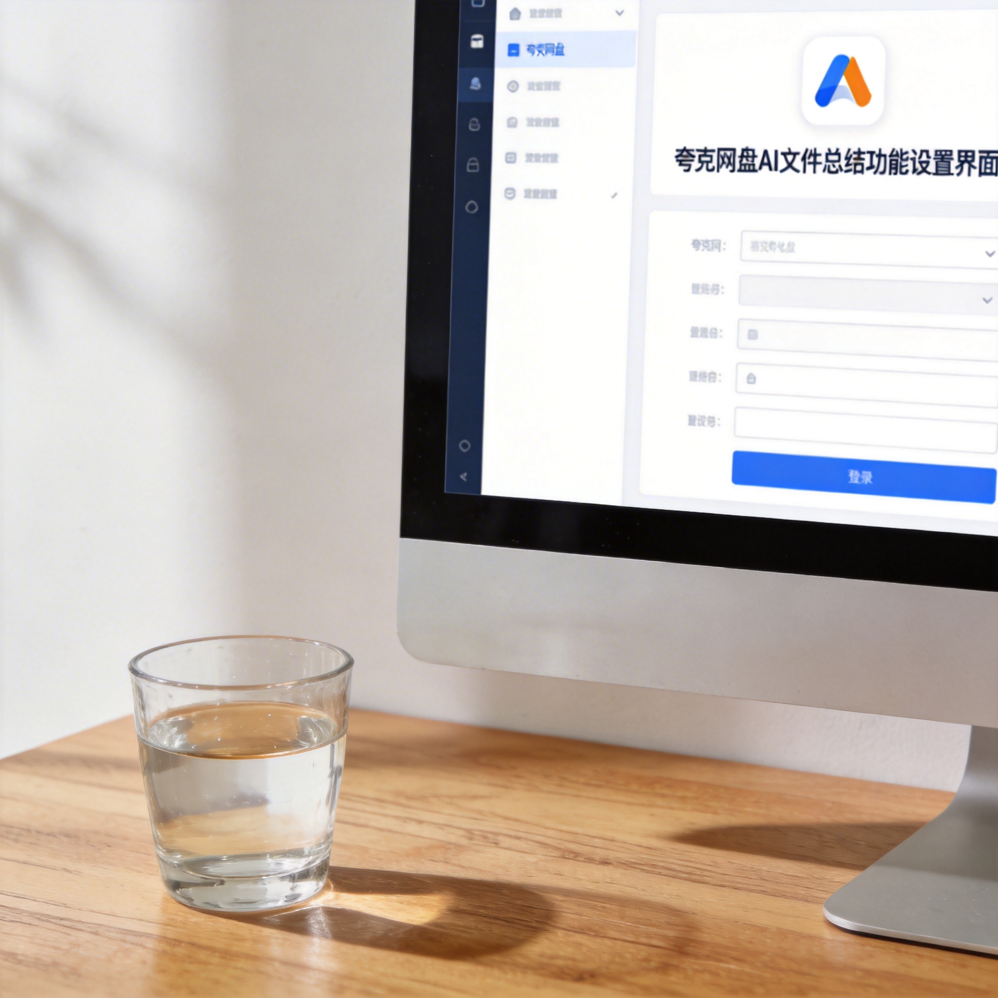 书桌上的主机，屏幕显示夸克网盘 AI 文件总结功能设置界面，桌角放着水杯，自然光