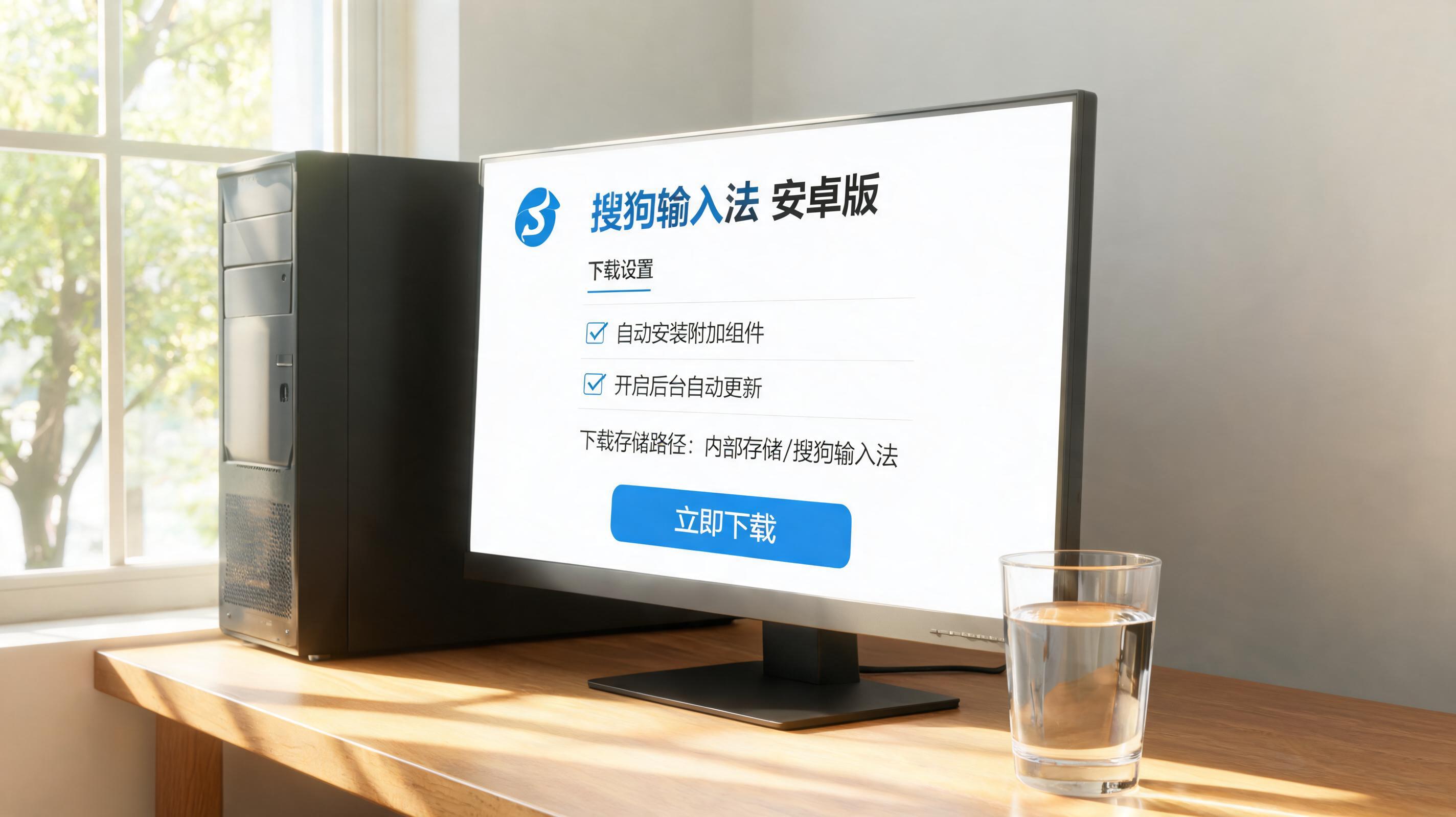 书桌上的主机，屏幕显示搜狗输入法安卓版下载设置界面，桌角放着水杯，自然光