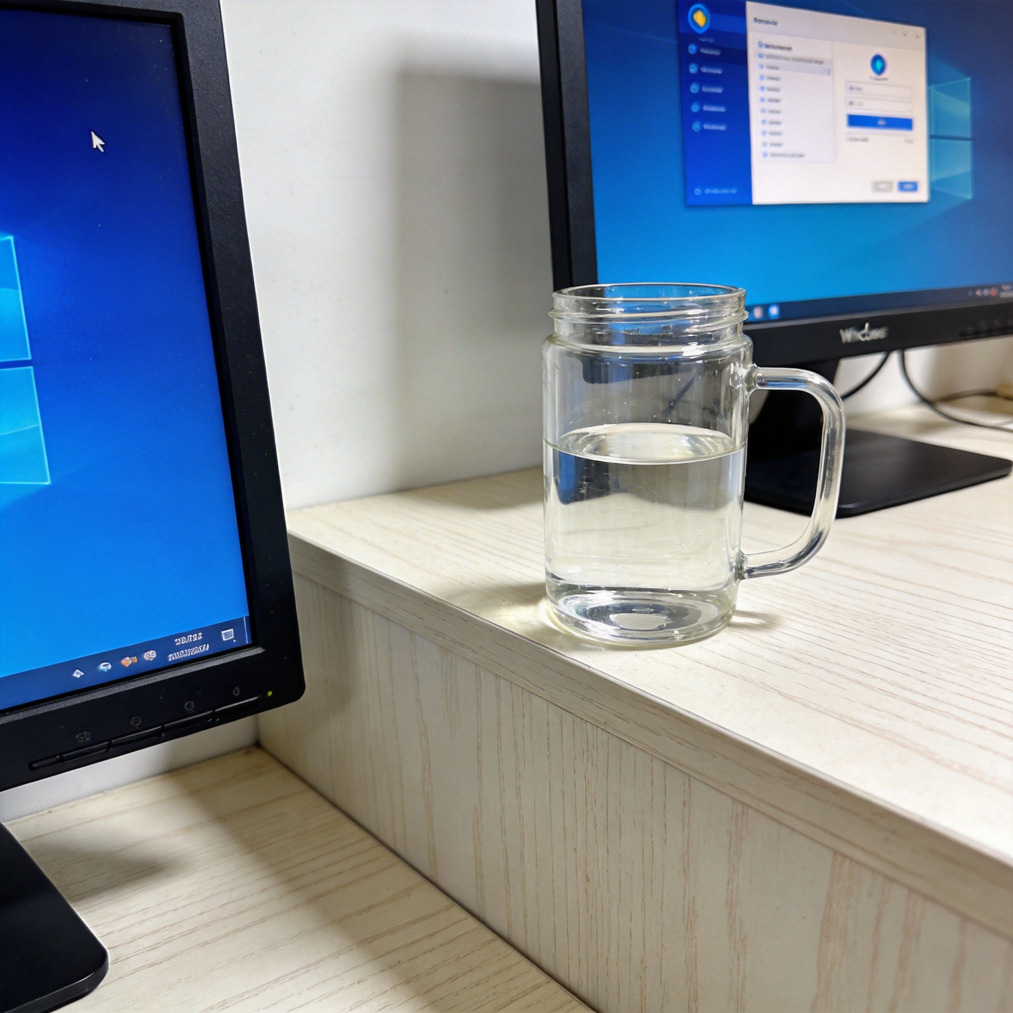 书桌上的电脑，屏幕显示Windows设置界面，桌角放着水杯，自然光