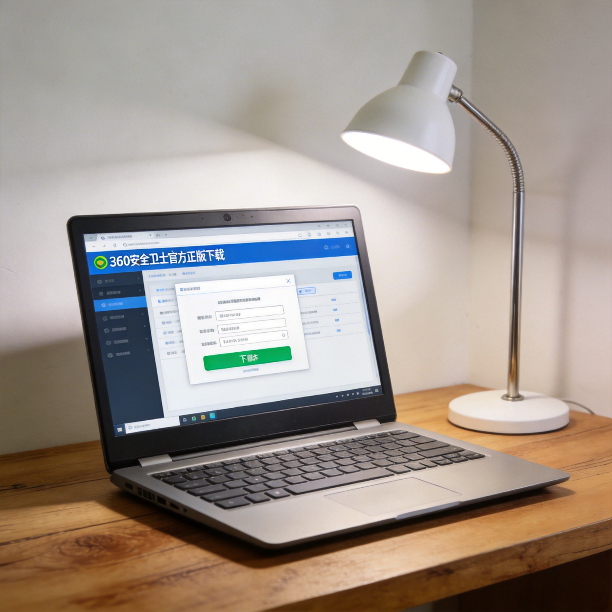 电脑桌上的电脑，屏幕显示360 安全卫士官方正版下载菜单，旁边放着台灯