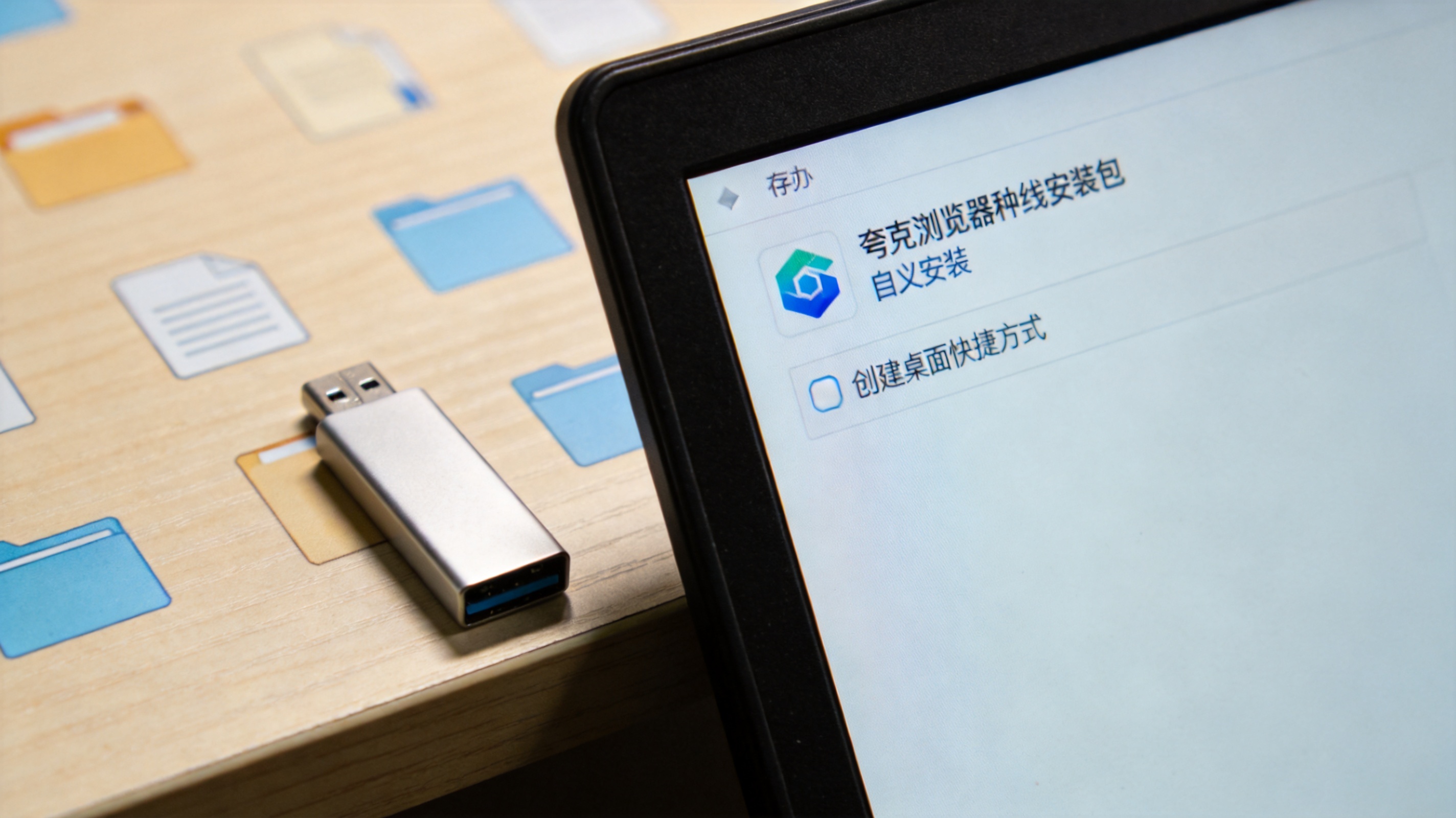 办公电脑桌面，屏幕显示夸克浏览器离线安装包的自定义安装界面，已勾选创建桌面快捷方式，旁边放着存安装包的U盘，室内自然光