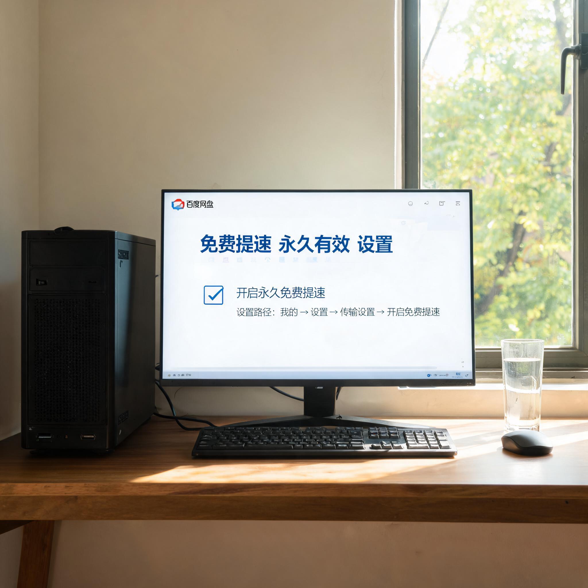 书桌上的主机，屏幕显示百度网盘免费提速永久有效设置界面，桌角放着水杯，自然光