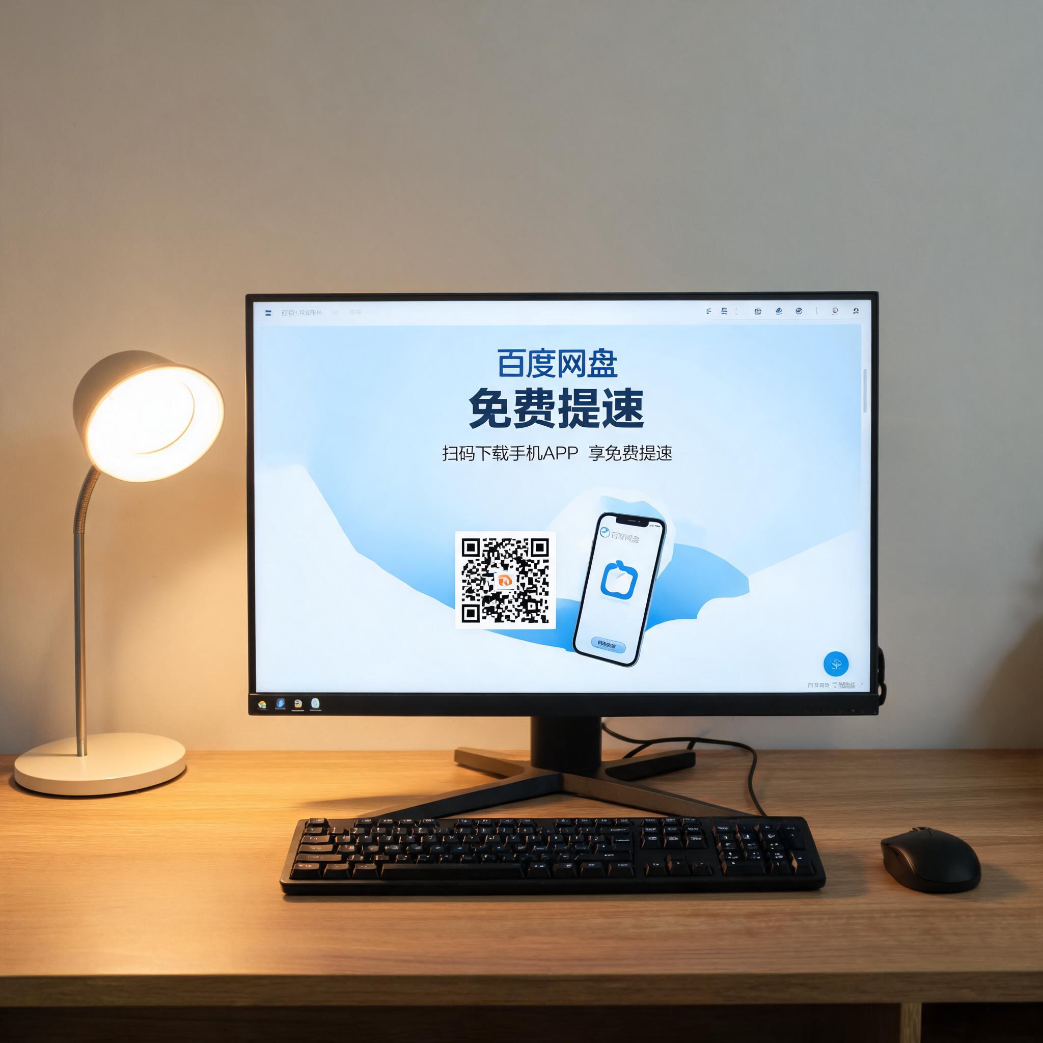 电脑桌上的电脑，屏幕显示百度网盘免费提速手机界面，旁边放着台灯