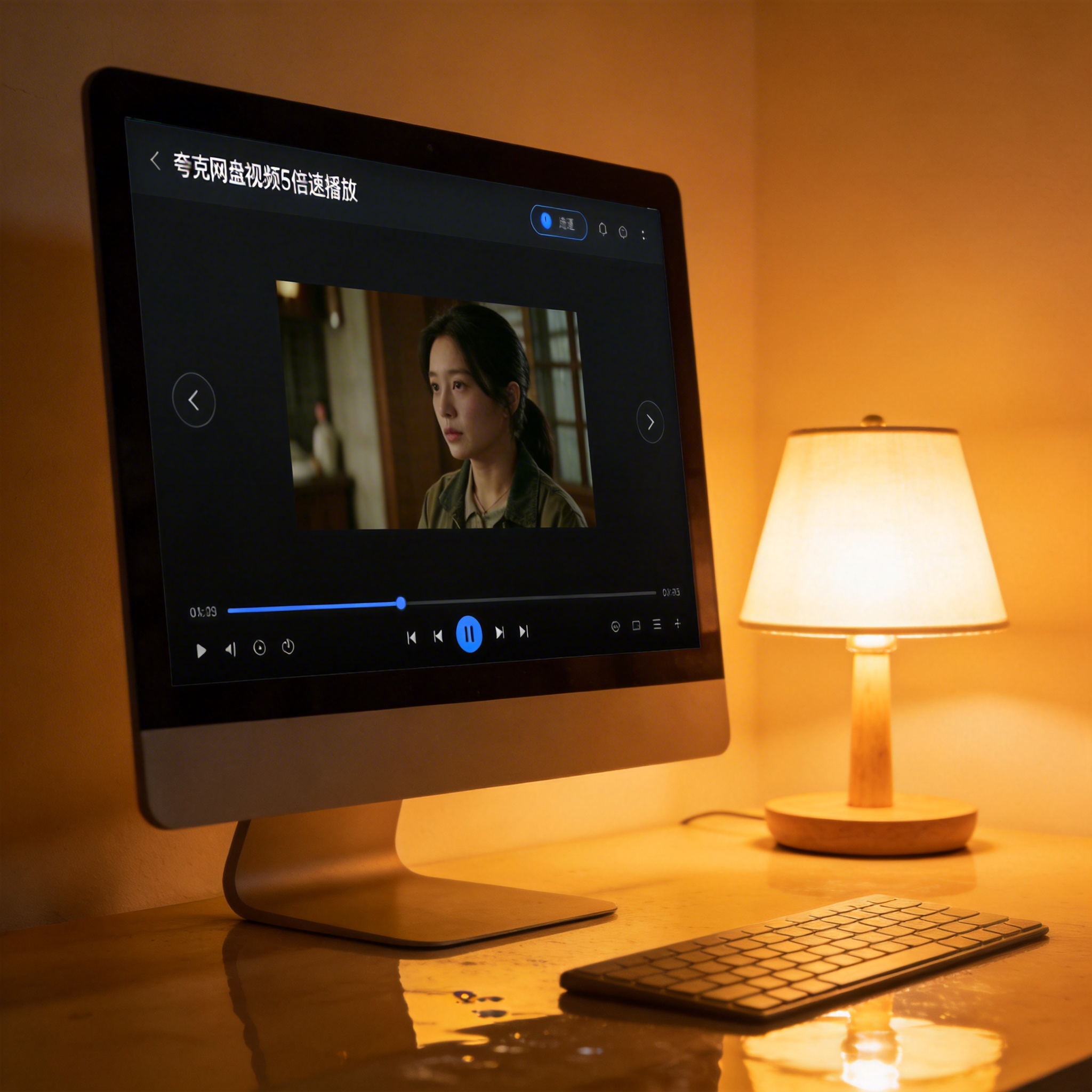 电脑桌上的电脑，屏幕显示夸克网盘视频 5 倍速播放界面，旁边放着台灯