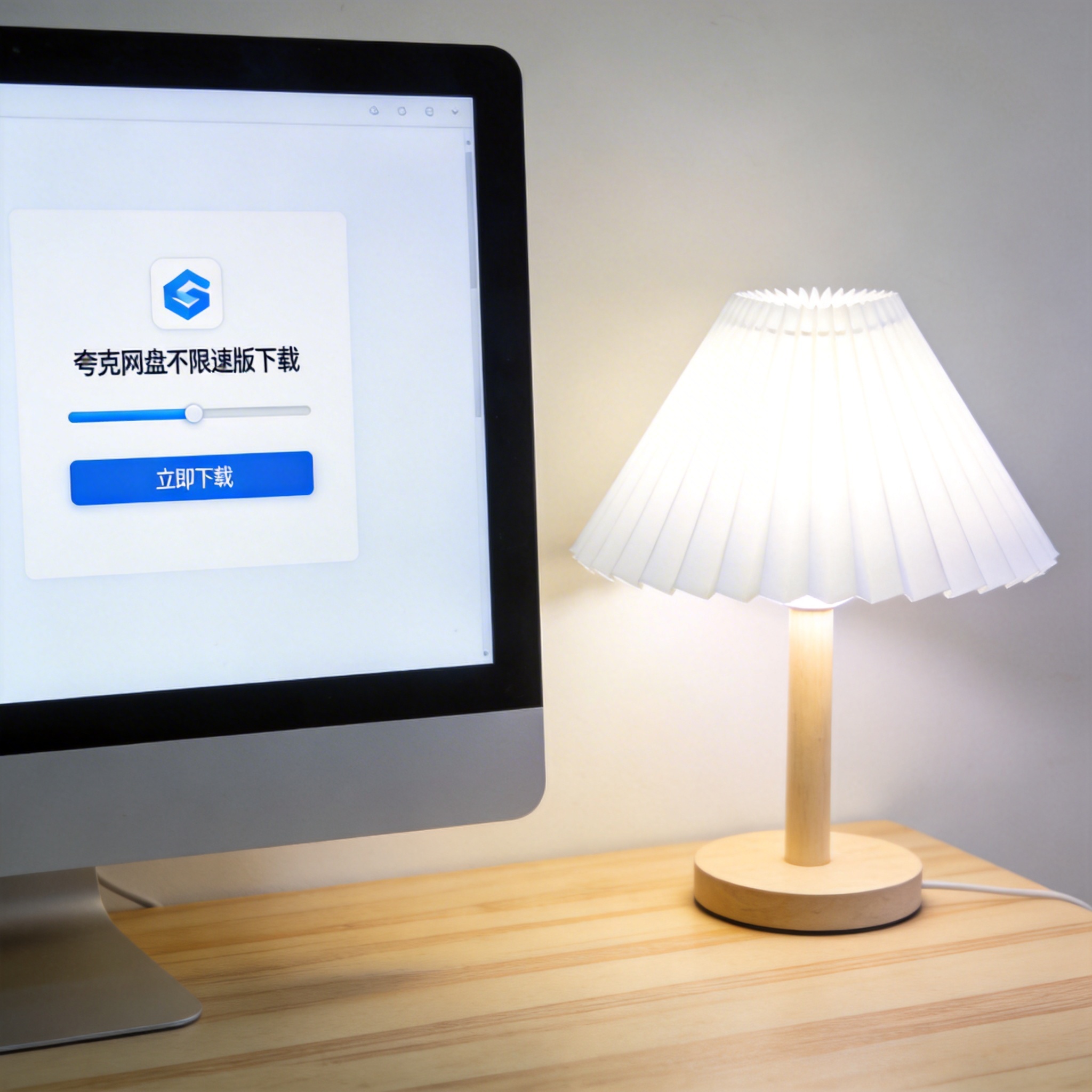 电脑桌上的电脑，屏幕显示夸克网盘不限速版下载界面，旁边放着台灯