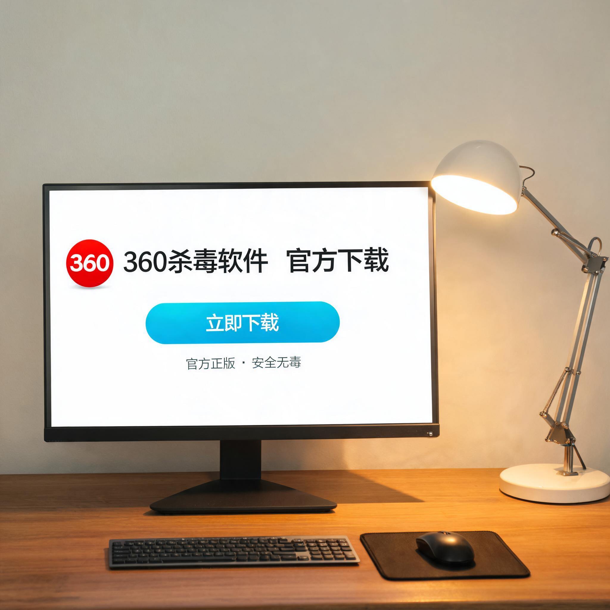 电脑桌上的电脑，屏幕显示360 杀毒软件官方下载界面，旁边放着台灯