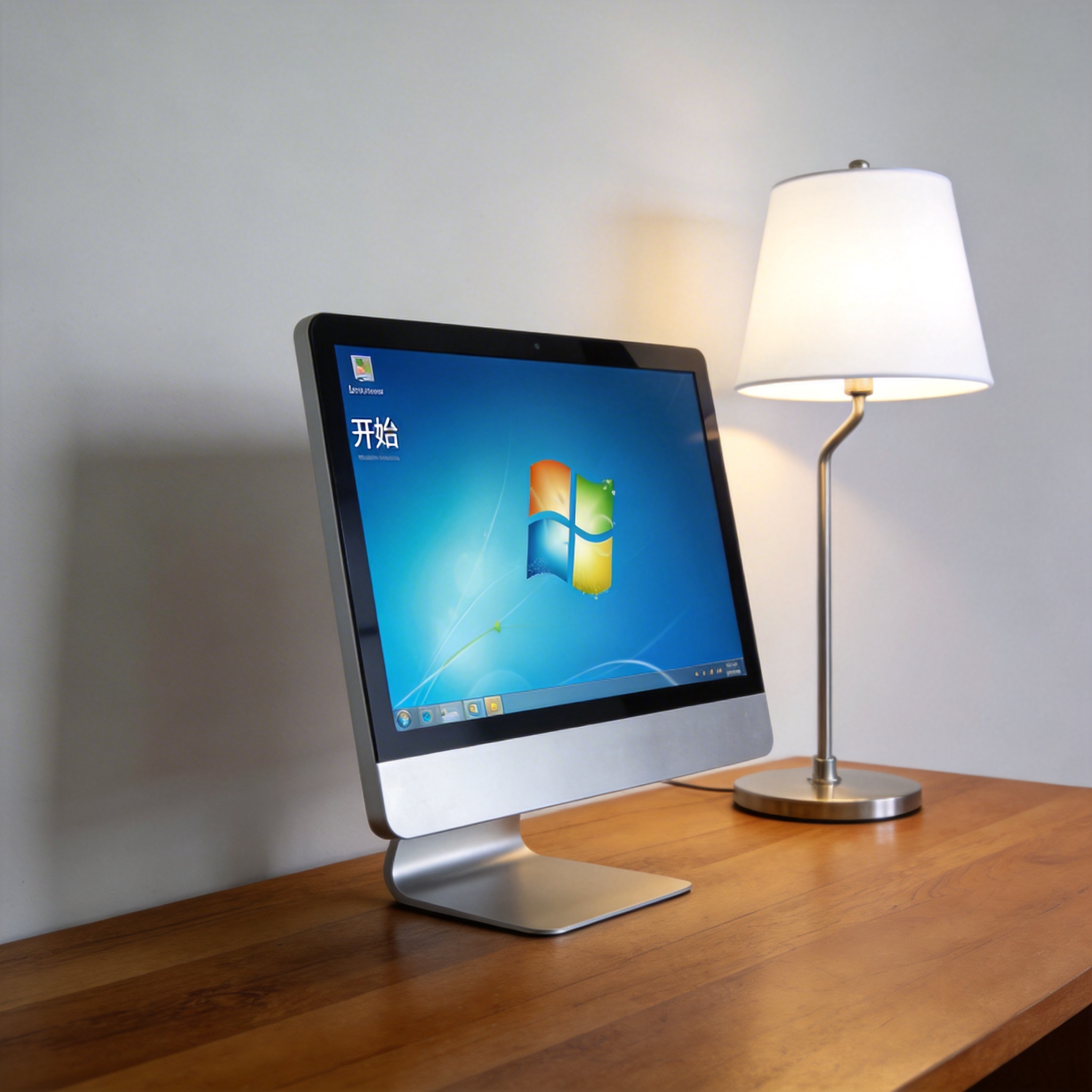 电脑桌上的电脑，屏幕显示Windows界面，旁边放着台灯