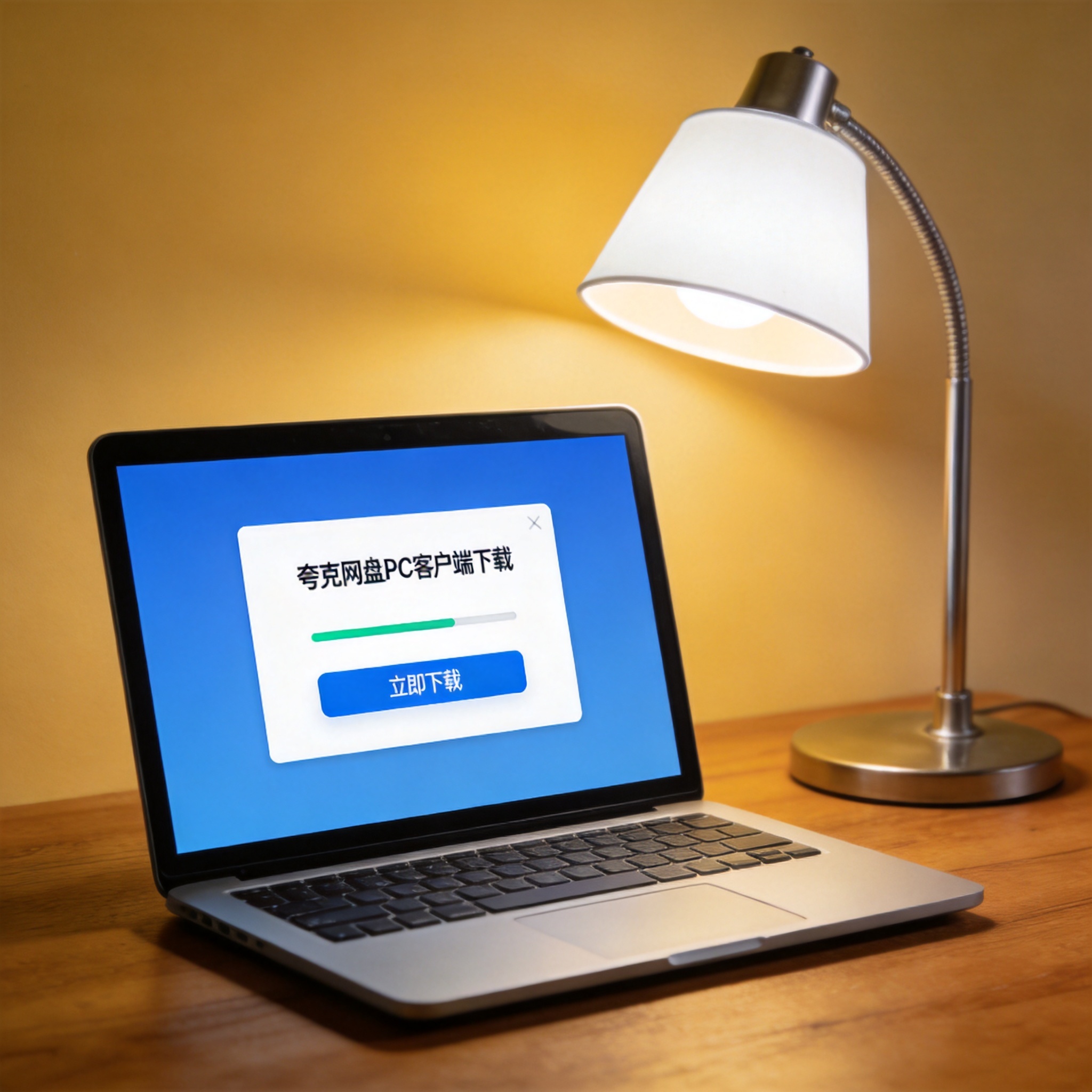 电脑桌上的电脑，屏幕显示夸克网盘 PC 客户端下载窗口，旁边放着台灯
